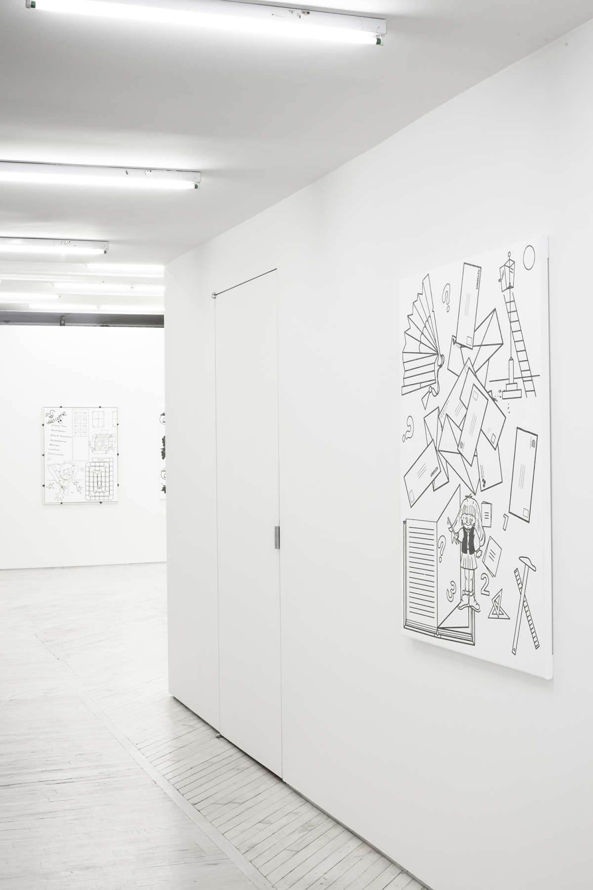 In a gallery space, a black and white painting is hung in a hallway next a door. Two paintings are partially visible in an additional room in back. 