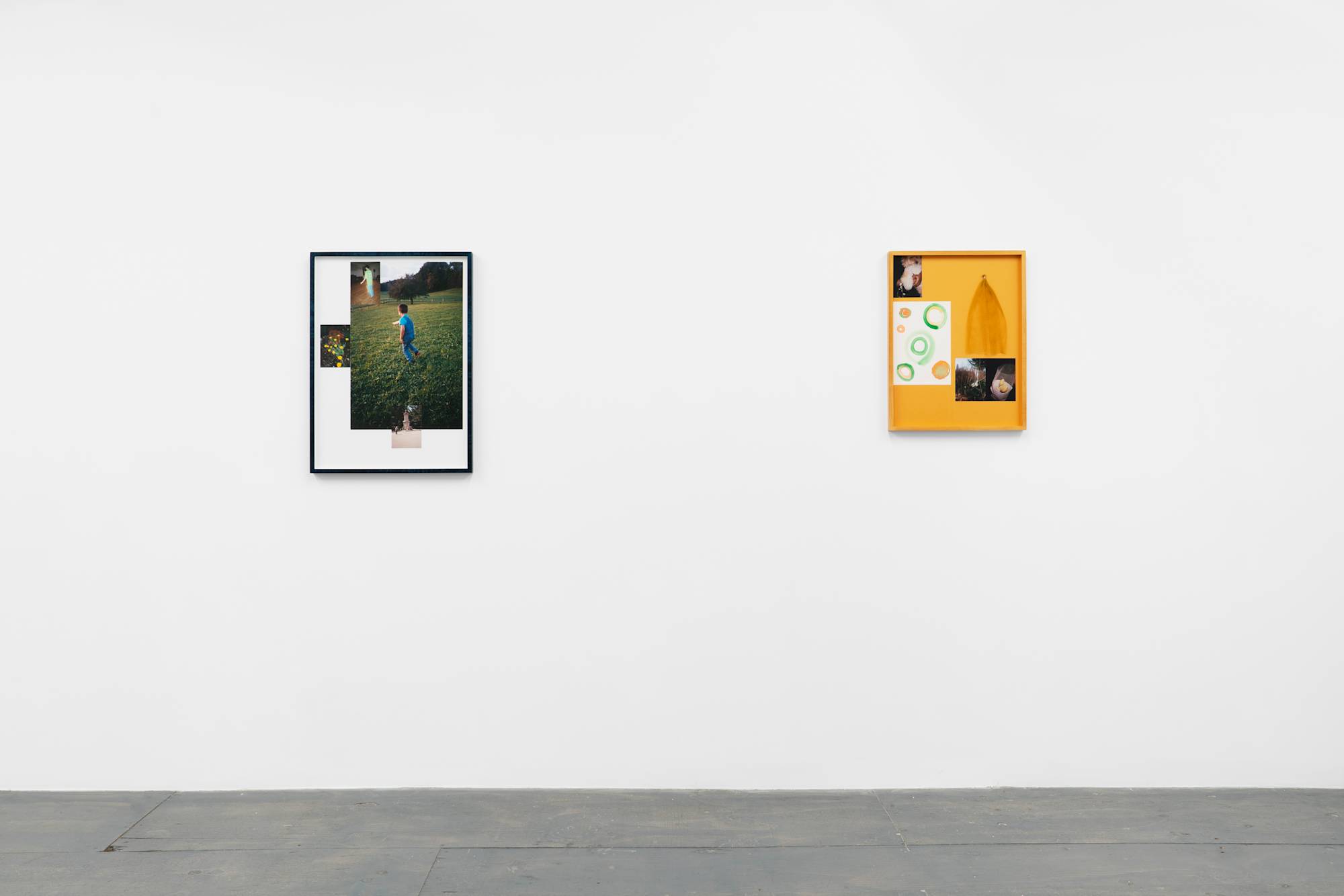 On a long gallery wall, there are two frames containing multiple photographs and mementos in different arrangements.