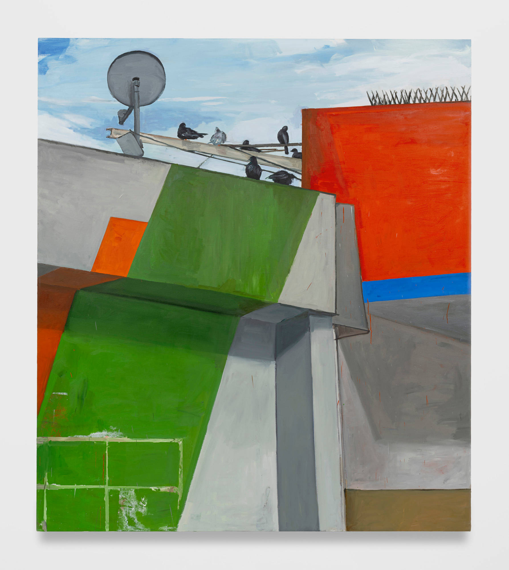 A large painting on canvas depicts seven pigeons perched on the roof of a subway station in brazil. The painting is cropped so we only see the concave corner of the roof and a patch of partly cloudy sky. A lone satellite dish accompanies the pigeons on the roof and silhouettes the sky. The grey roof is decorated with bright green, red, and blue stripes that converge into the corner creating sharp, graphical angles.