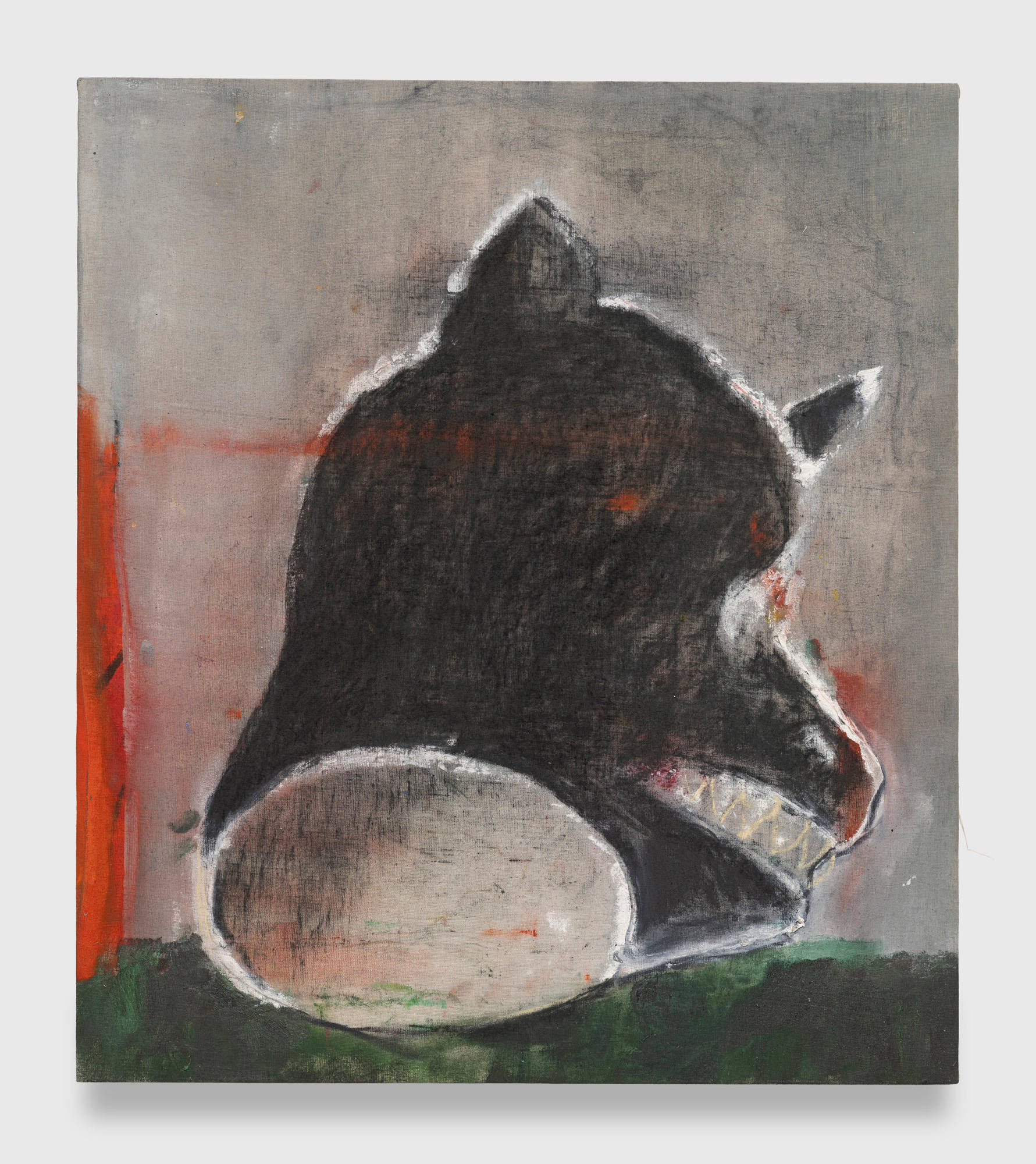 A painting utilizing oil and charcol on stretched canvas depicts a disembodied animal head with red eyes against a background of light grey, red, and dark green.