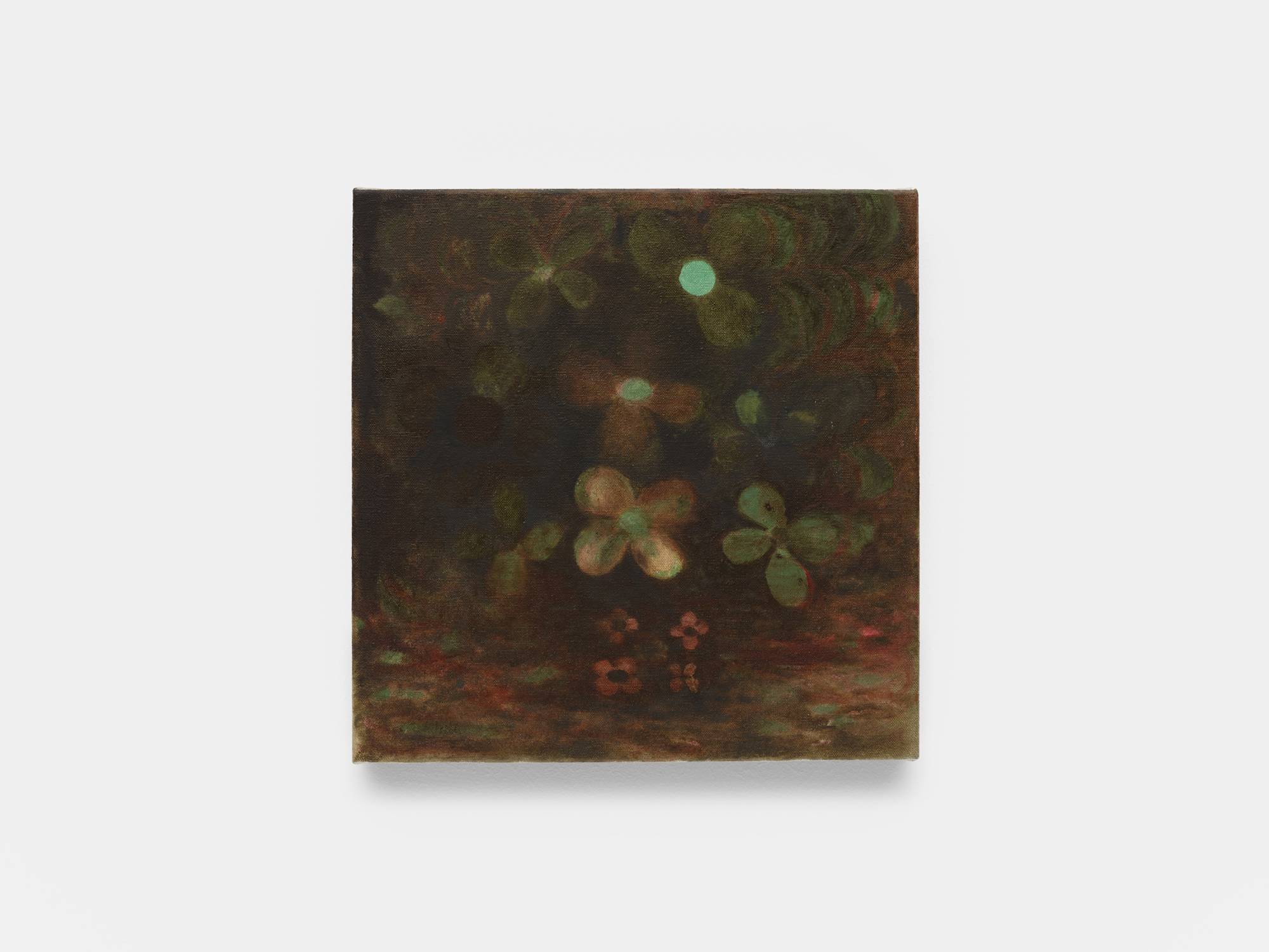 A small square abstract painting of flowers in hues of brown, green, and red.