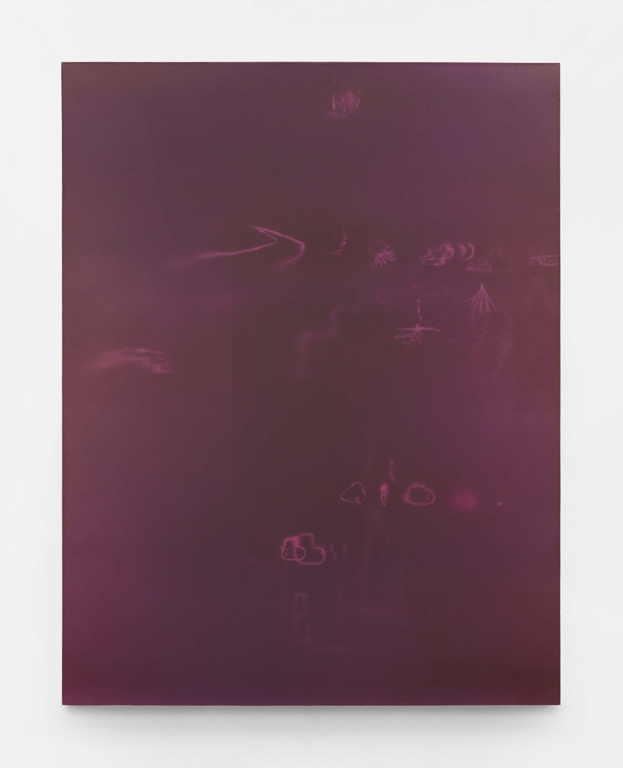 A large, vertical abstract painting containing numerous air brush gestural marks primarily in magenta.