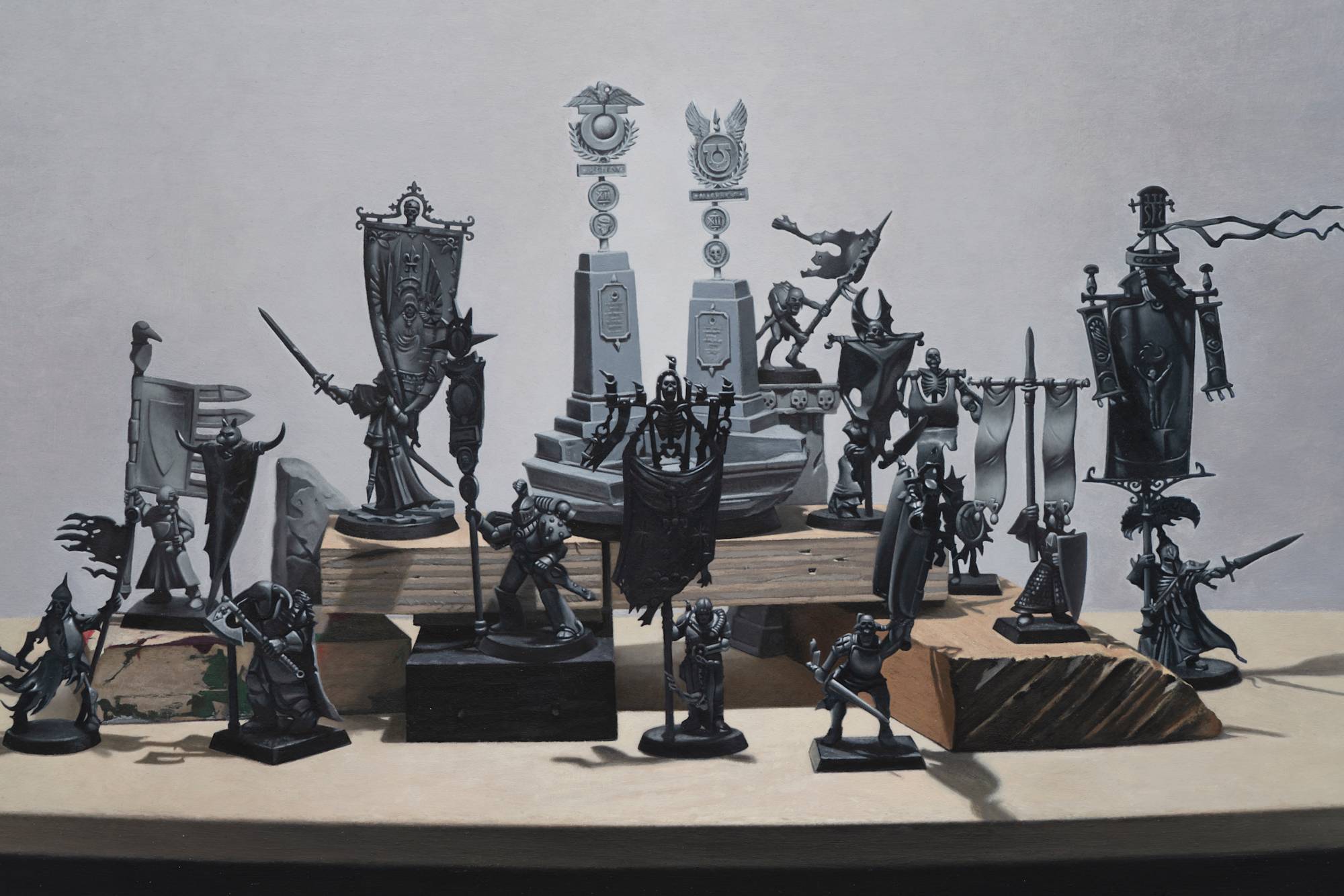 Detail of a realistic, detailed painting of several un-painted warhammer figurines on a table top arranged on various wood blocks.
