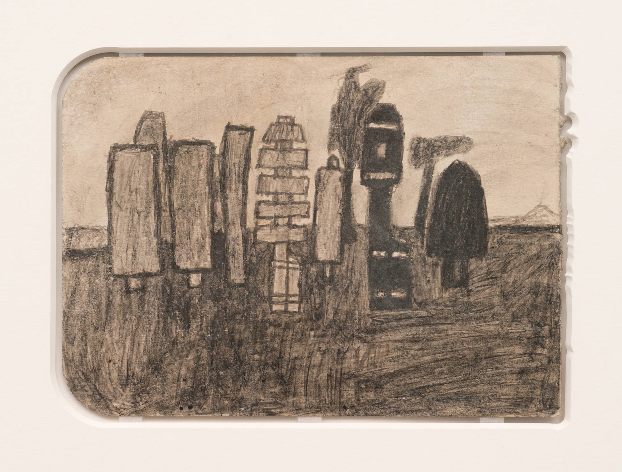 Detail of James Castle drawing featuring a landscape of abstract trees against a light sky in wood frame.