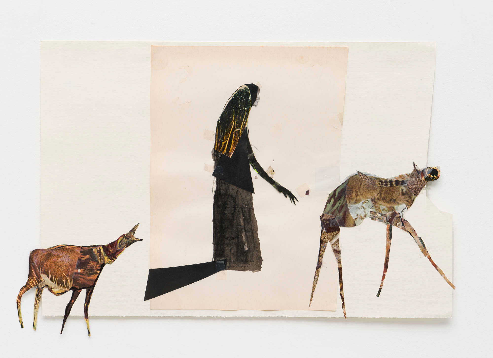 An abstract animal, followed by a figure in black, followed by an additional abstract animal march to the right of frame in the collage on paper.