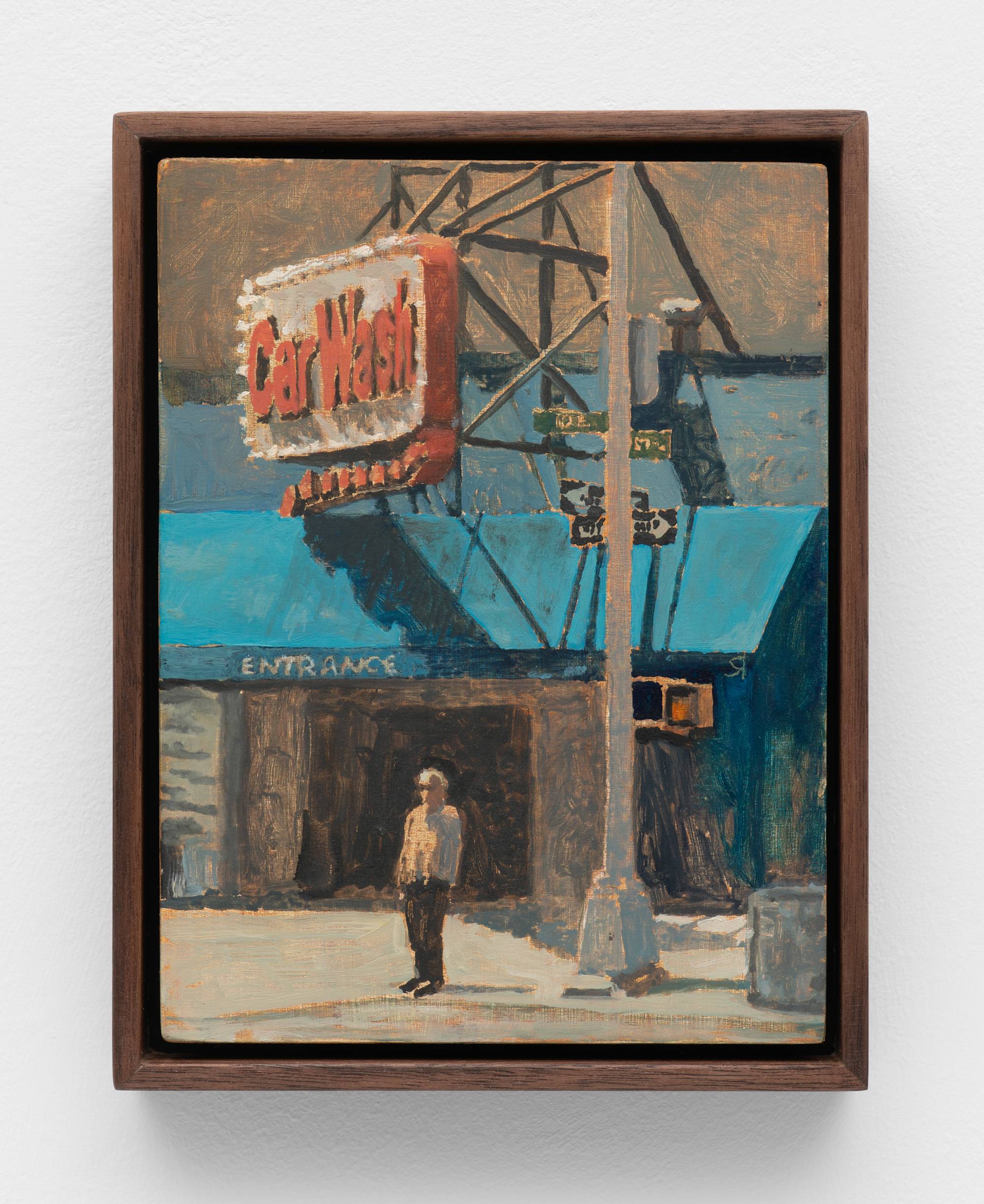 A small, dark wood framed painting of a figure standing beneath a car wash sign on a street corner.