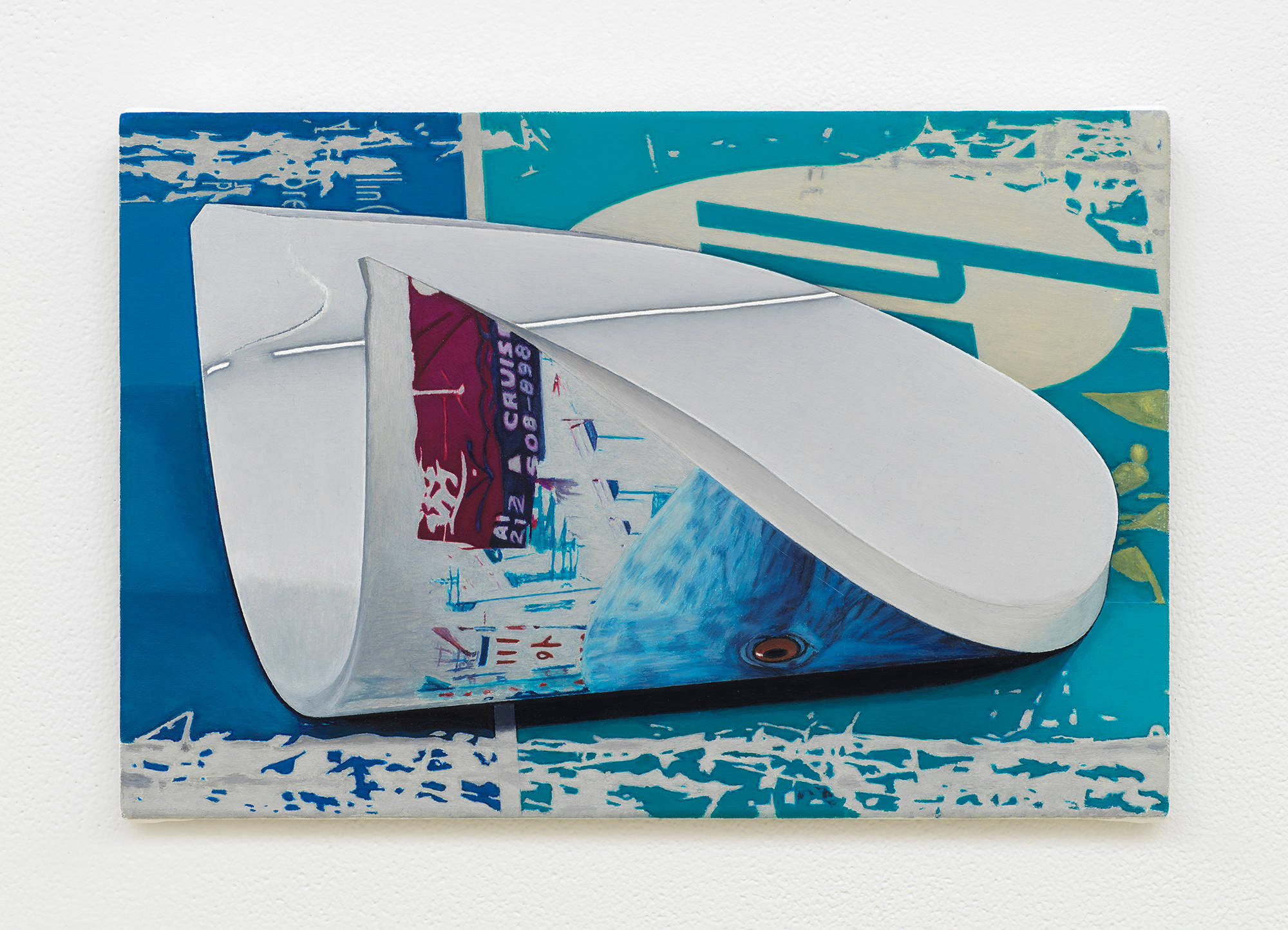 Image of a painting by Caleb Considine that depicts a shard of a mug containing the image of a blue bird sitting on top of a HP printer box.