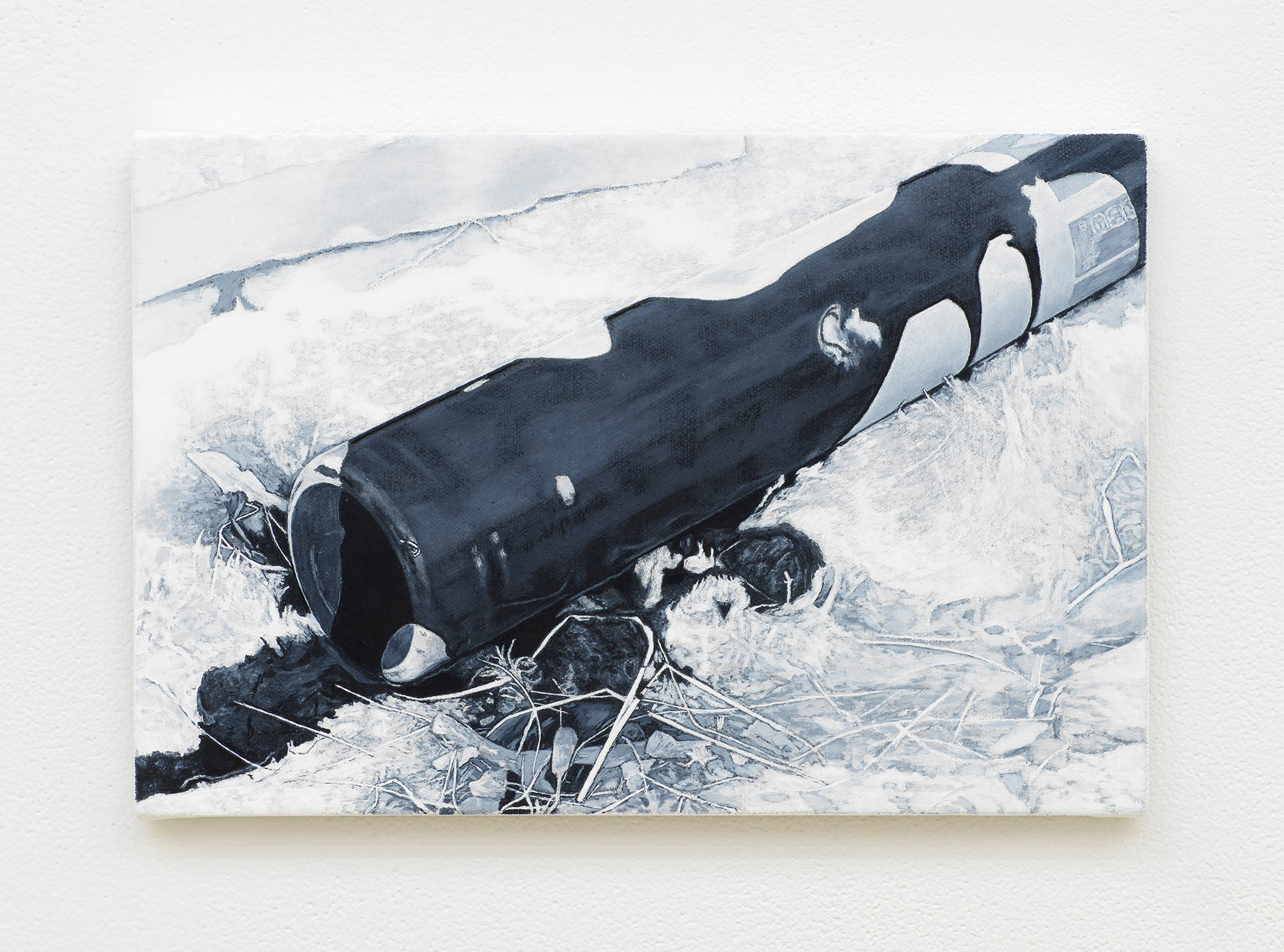 Image of a painting by Caleb Considine that depicts a baseball bat that is lying on the grass and covered in what appears to be blood.