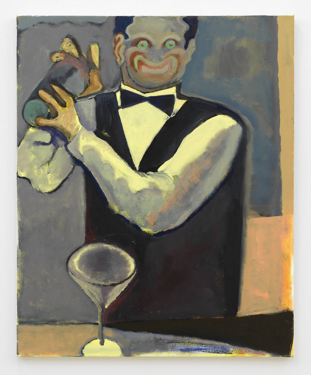 An abstracted painting of a bartender shaking a drink in front of a martini glass. The figure has a clown-face expression. The palette is primarily neon colors and shades of black. 