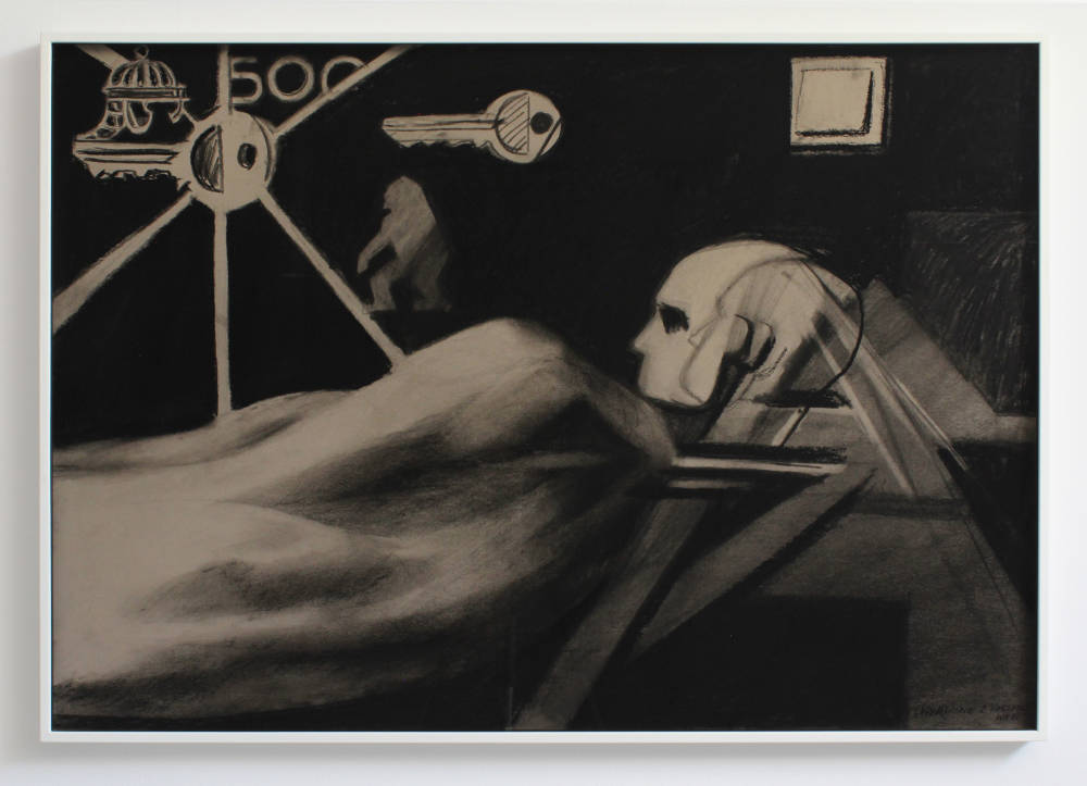 Charcoal drawing in a white frame behind tinted glass showing a person waking up in a bed, a hallucination of keys and money hovers above the person's body underneath the blanket.