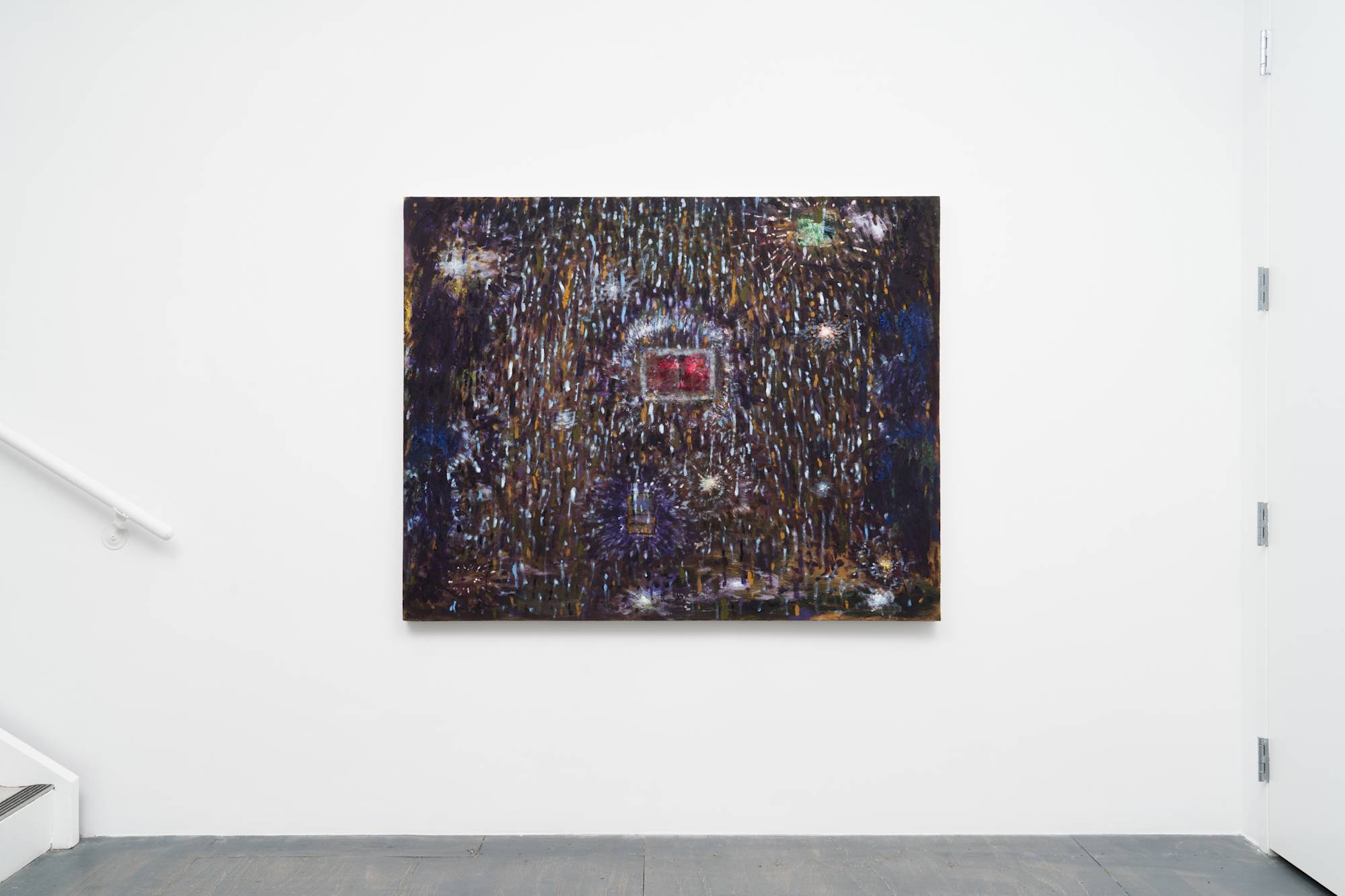 A large, dark blue, abstract painting with a shower of glittery rain in hues of light blue and gold hangs on the white wall of a gallery above a grey floor. Flashes of white paint are scattered evenly about the surface. In the center, a notebook page depicting an indistinct red landscape, is pasted to the canvas.