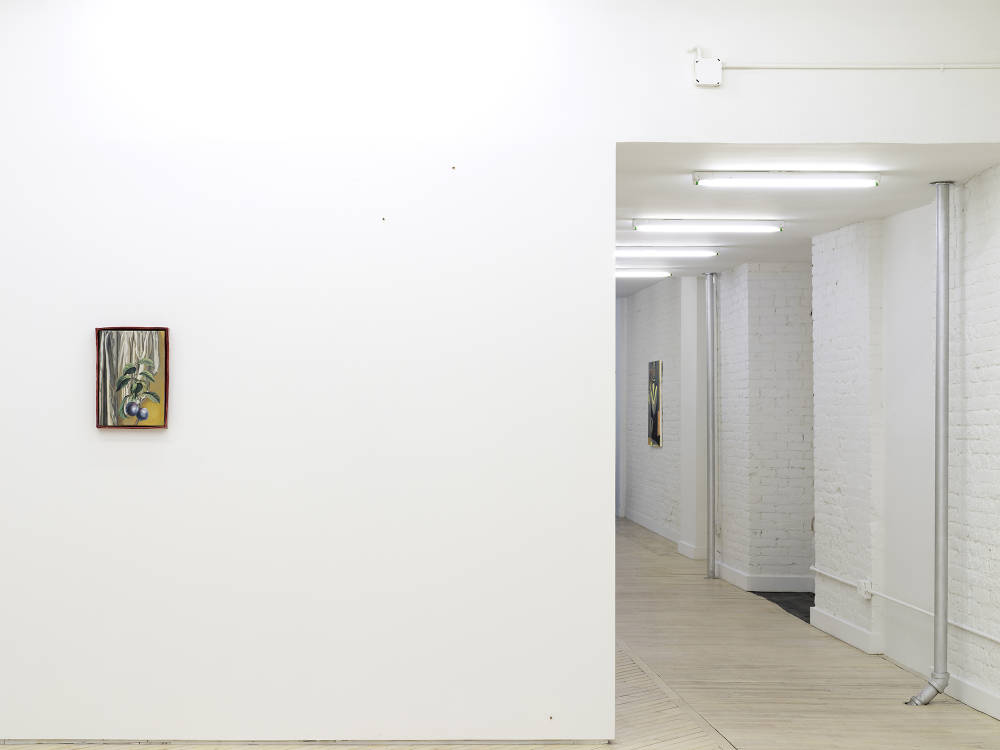 In a gallery space, a small painting depicting a bushel of blueberries in an irregularly shaped reddish frame. To the right of the wall is a long hallway with many fluorescent lights hanging from the ceiling. In the distance is another painting. 