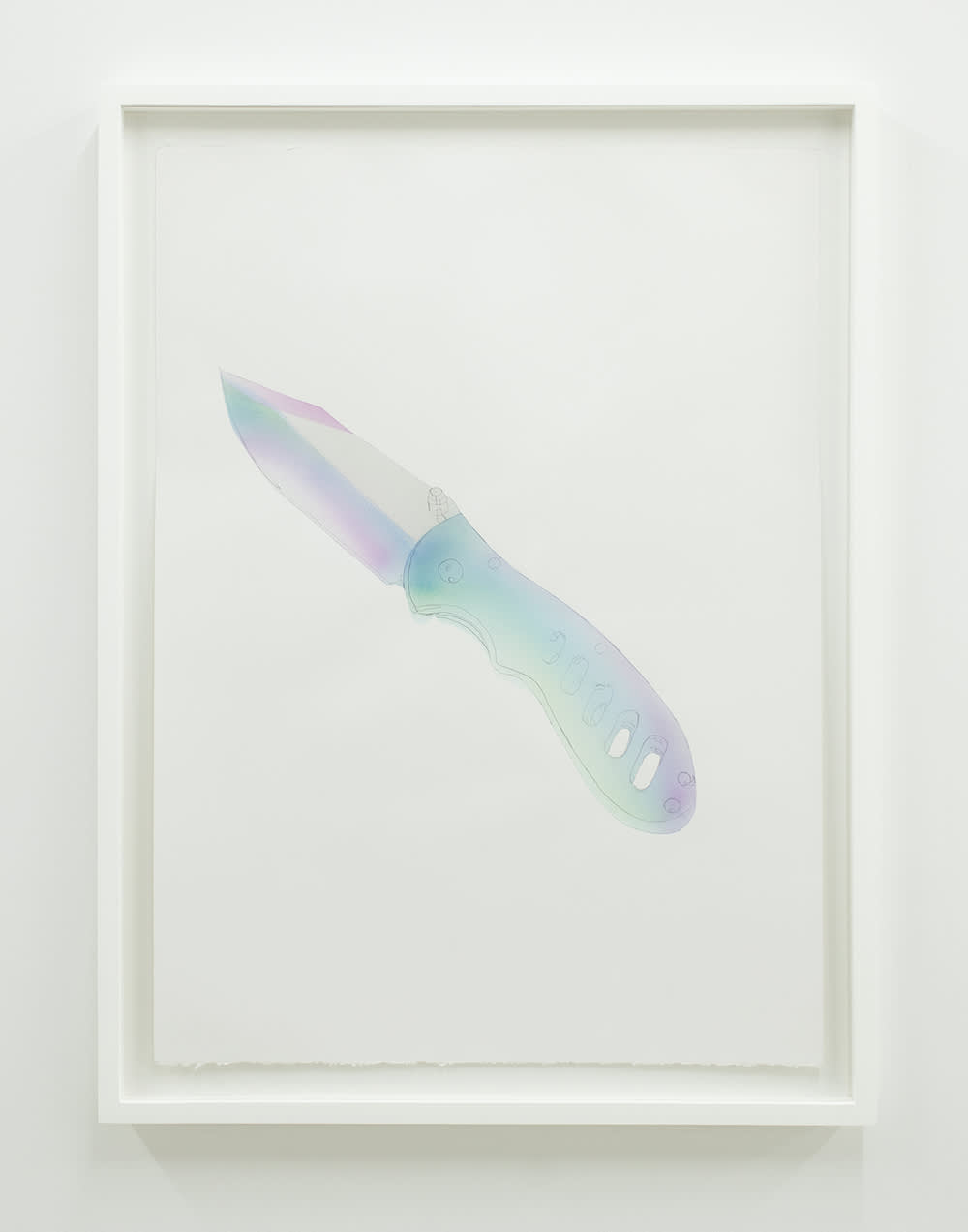 Water color drawing of an iridescent pocket knife on a blank white background inside a white frame.