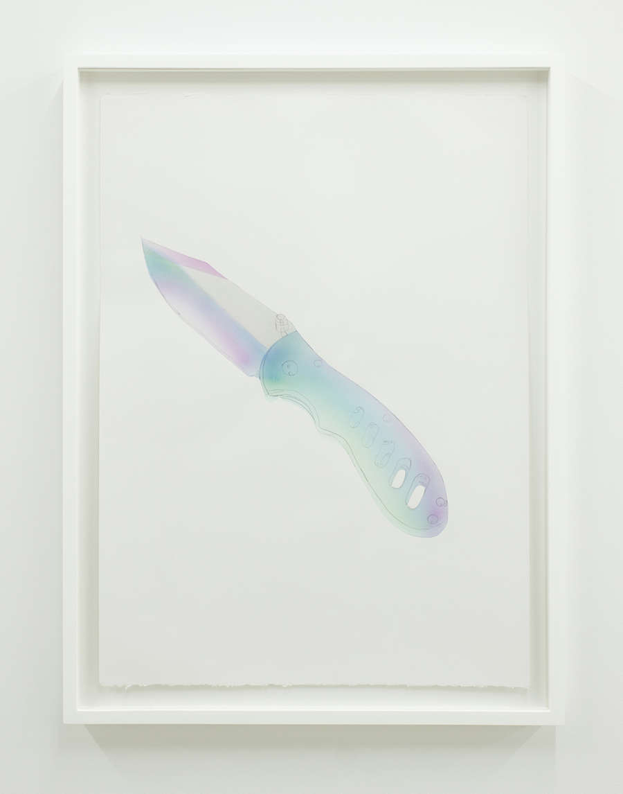 Water color drawing of an iridescent pocket knife on a blank white background inside a white frame.
