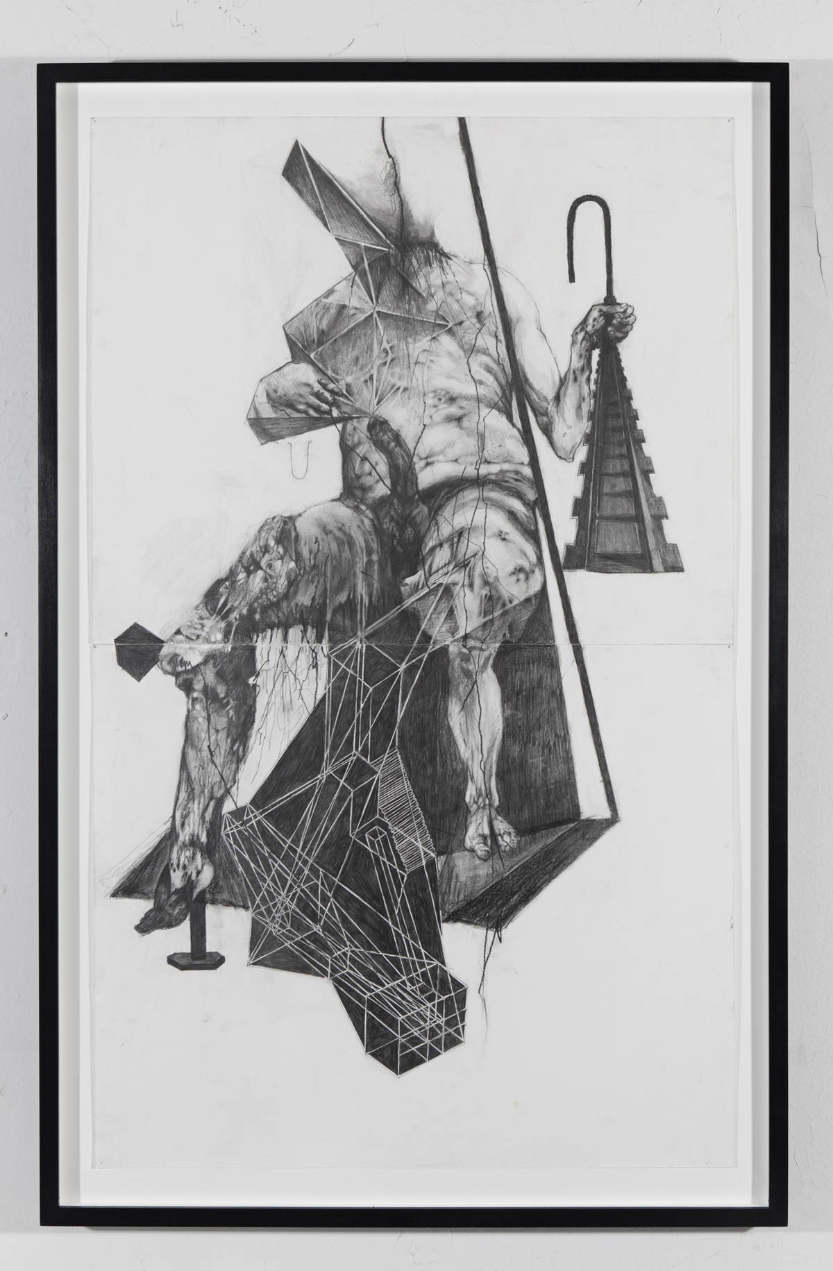 Graphite drawing of seated, headless male with visible genitalia holding what appears to be a train track in perspective.