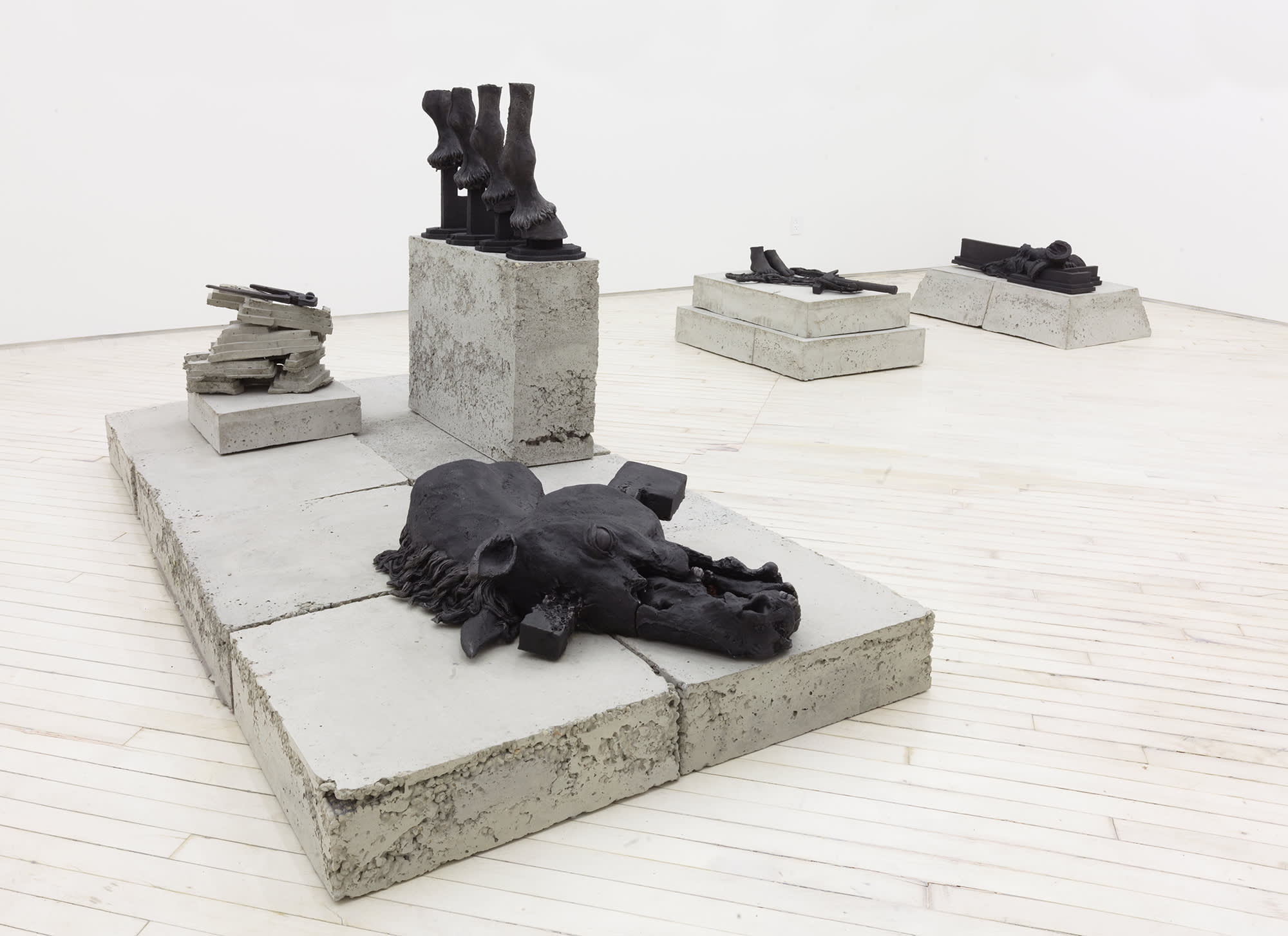In a gallery space, cast iron forms resembling various body parts of a horse resting on concrete bases.