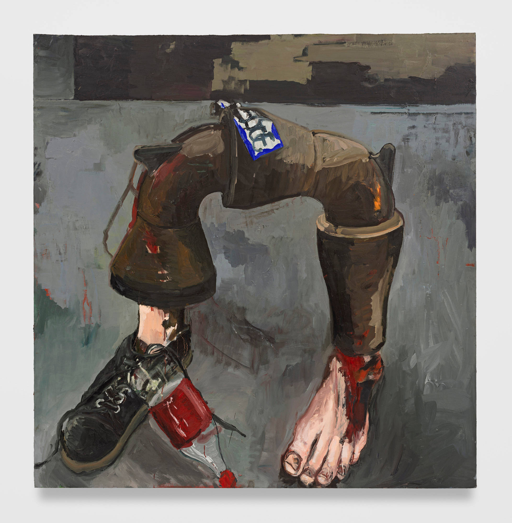 An oil painting on stretched canvas depicting a brown pipe curved in an upside down "U". A foot sticks out from each end of the pipe. One wears a shoe, one is barefoot. A plastic bottle with dark red labeling lays between the two feet as blood matching the color of the bottle seeps out of the right end of the pipe and down the bare foot.