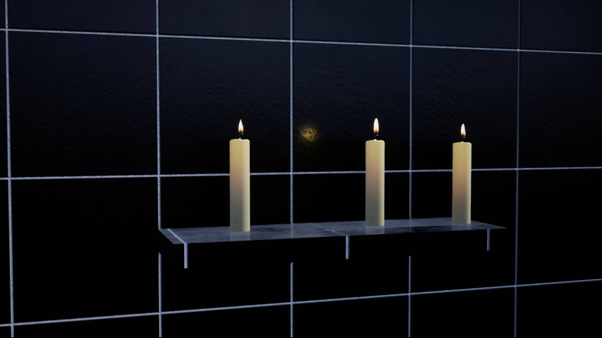 A screenshot from the film "MERCY" that depicts three candles on a ledge in a black tiled room.