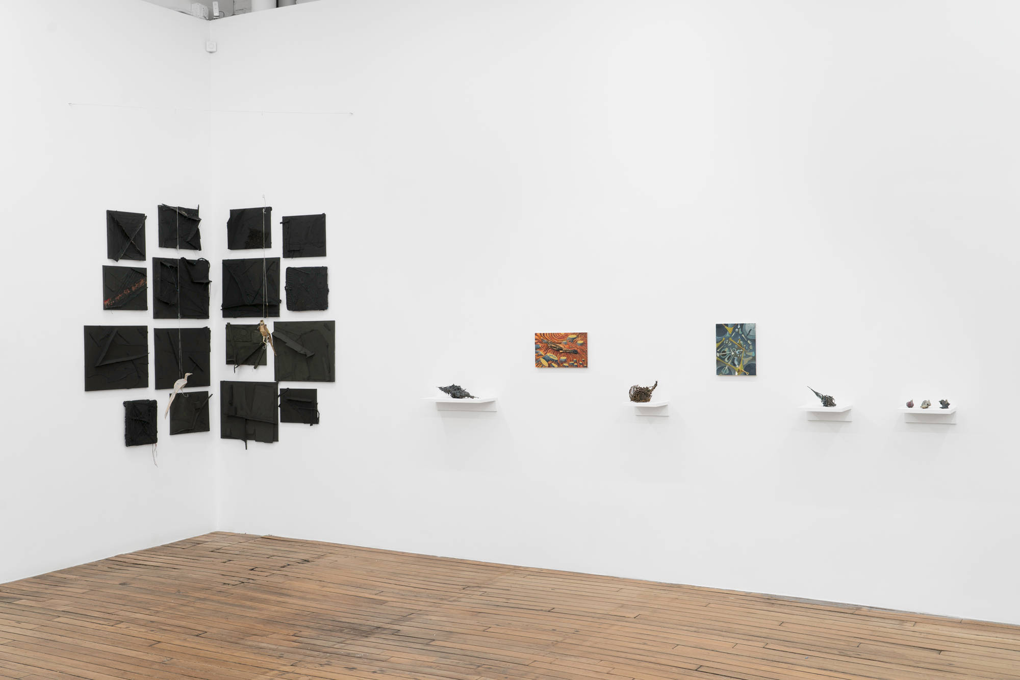 A view of the south west corner of the gallery featuring a group of textured black paintings with accompanying bird sculptures by Tom Hoyt. To the right are 2 paintings and 4 sculptures sitting on white wooden shelves.