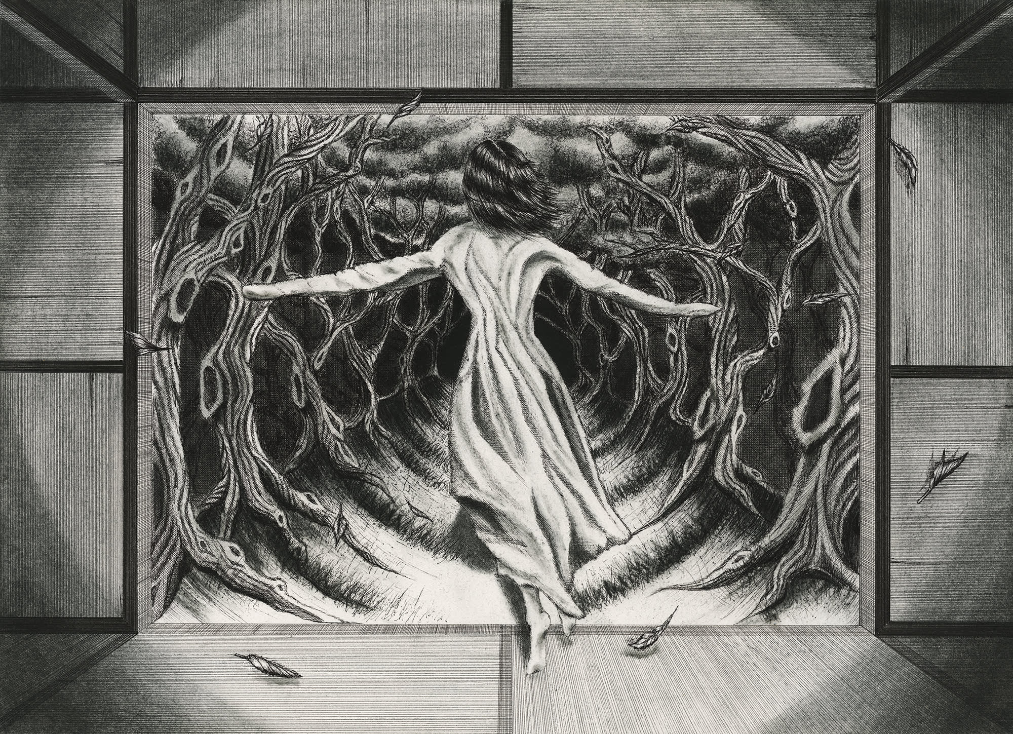 A detailed ink and charcoal drawing of a human figure facing a forest.