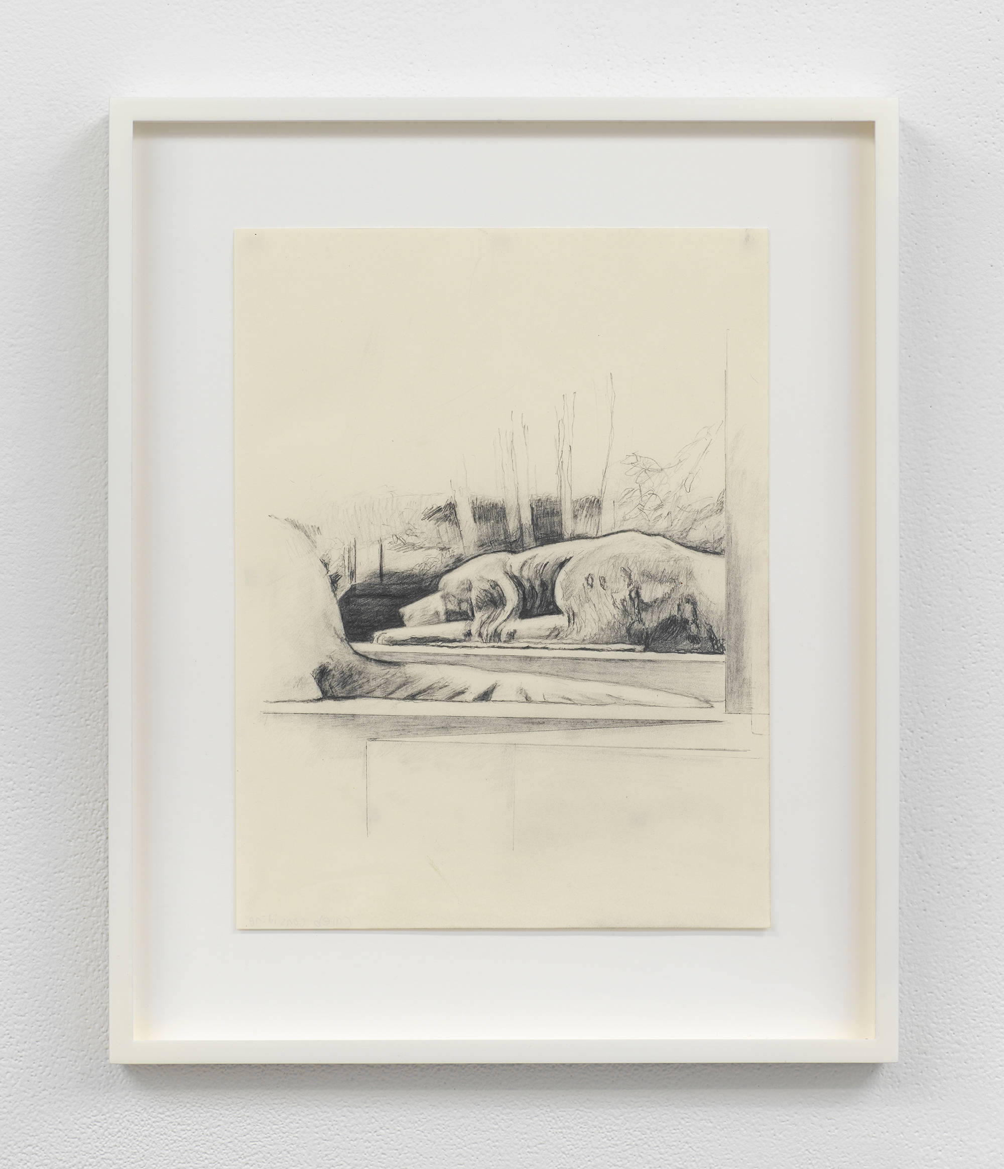 Image of a drawing framed in white and hung on a gallery wall. The drawing depicts two stone dog sculptures in a cemetery, a head and body visible in the background and in the foreground just the tail.