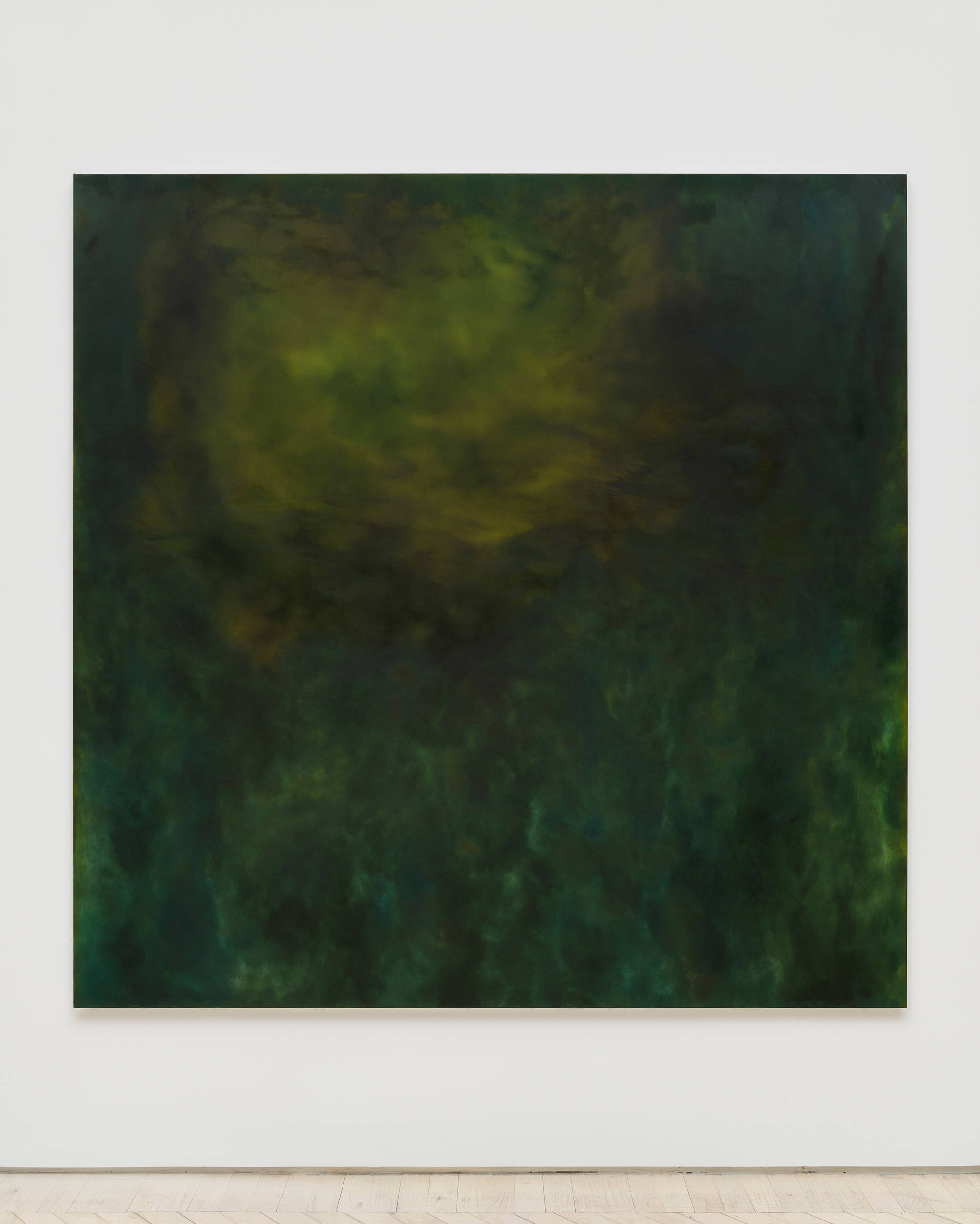 A large, square abstract painting rendered in a range of greens.