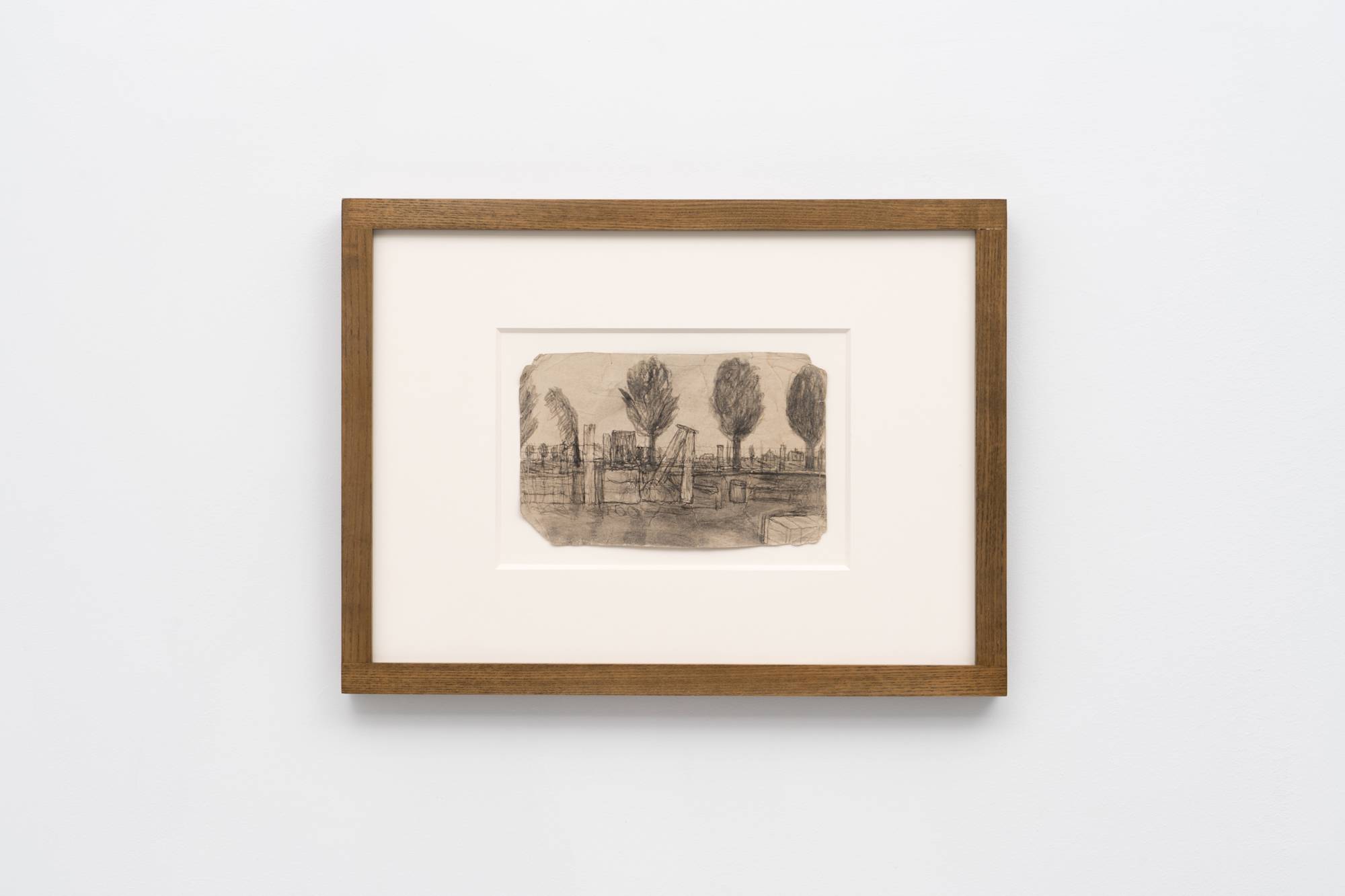 James Castle drawing featuring a landscape of trees against a light sky in wood frame.