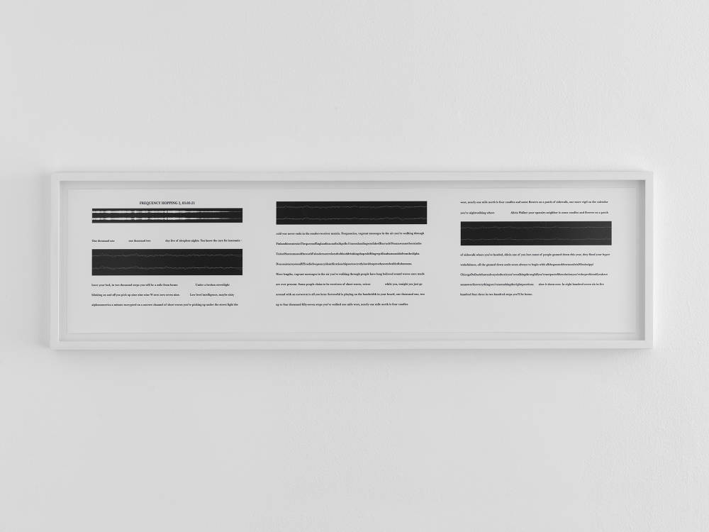 A horizontal black and white print with text in a white frame.