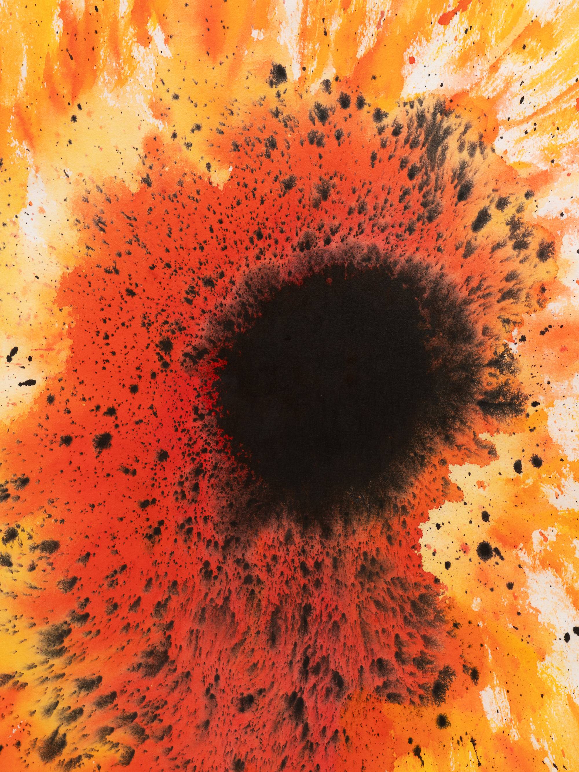A close-up shot of the center of an ink painting on white paper of a sunflower with yellow-orange petals and a red and black center. Black splatters of ink emanate from the center of the sunflower.