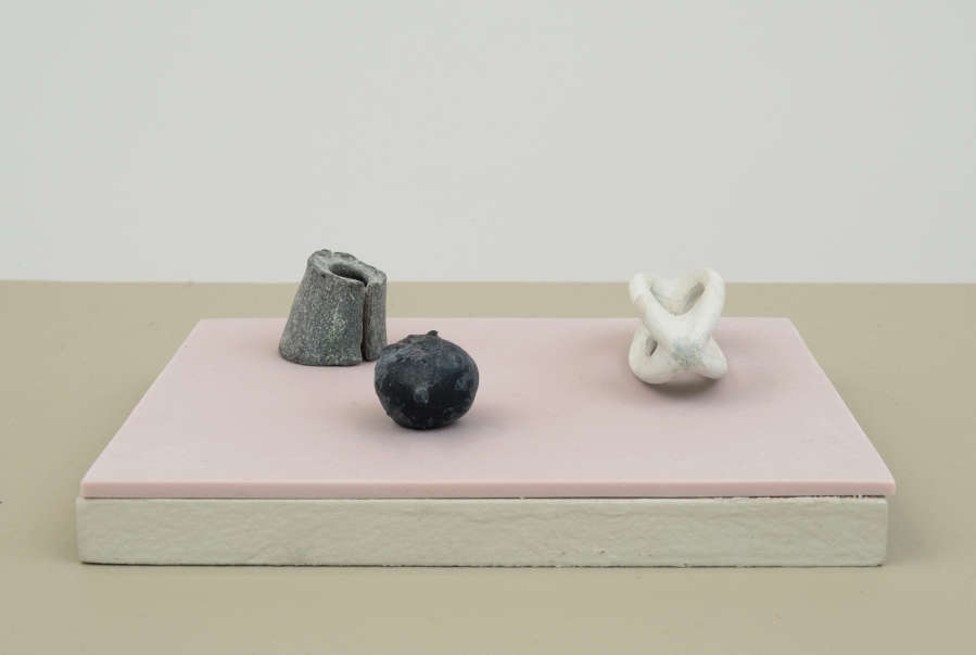 Three miniature, abstract sculptures resembling bone forms or other organic matter resting on top of a pink-tinted plinth with a white wall behind them partially in view. 
