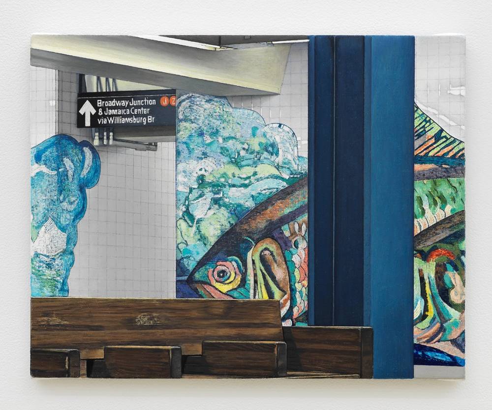 Oil on canvas painting depicting the Delancey Essex subway station, with a wooden bench and metal pillar obscuring a mosaic tile mural of a colorful fish.