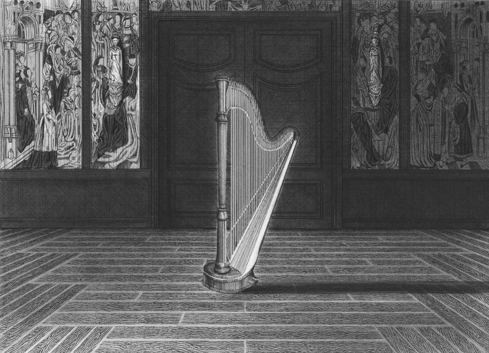 Black and white pen and graphite drawing by Kyung-Me rendered in perspective, showing a dramatically lit room with a large harp sitting in the middle of it, the room otherwise empty. There is a pattered wood floor and wainscoting and wallpaper on the walls, with a double door just behind the harp.