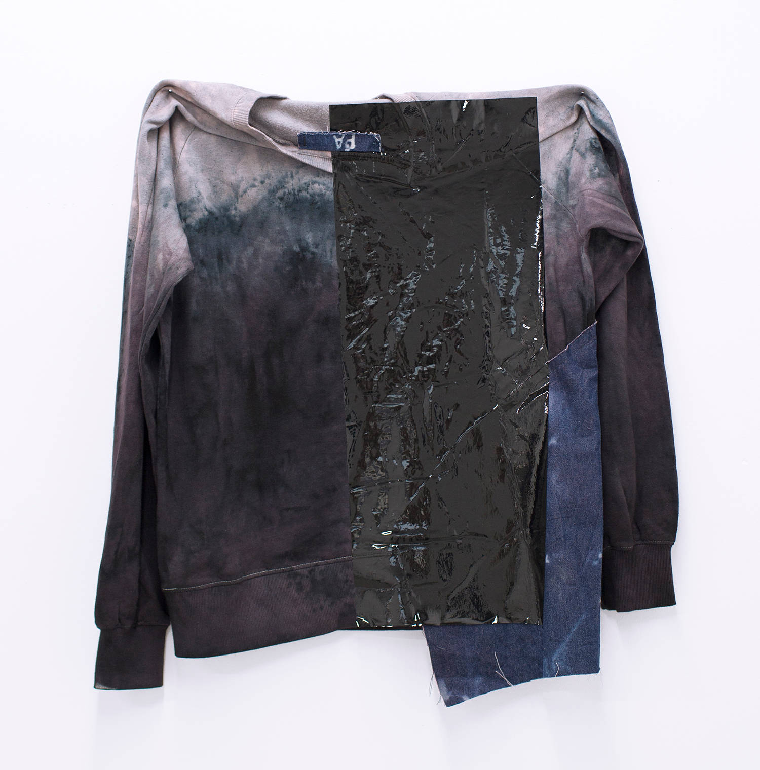 Vivienne Griffin & Cian McConn, PA/NYC, 2017, Dye, bleach, heat-pressed black foil, and denim on cotton sweatshirt, Size small