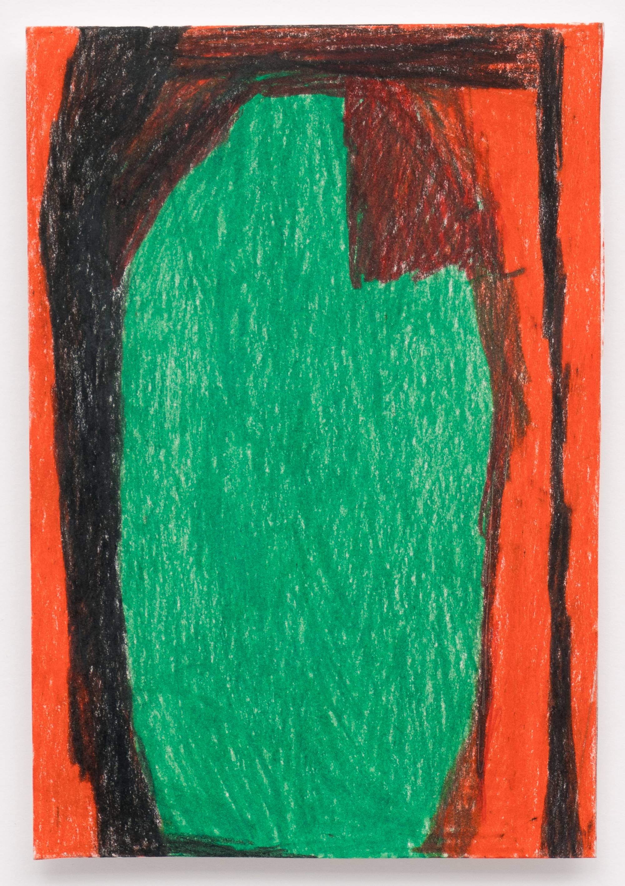 Detail of Cathy Lebowitz abstract colored pencil drawing featuring a monolithic egg shape occupying much of the frame rendered in green, black, and red.