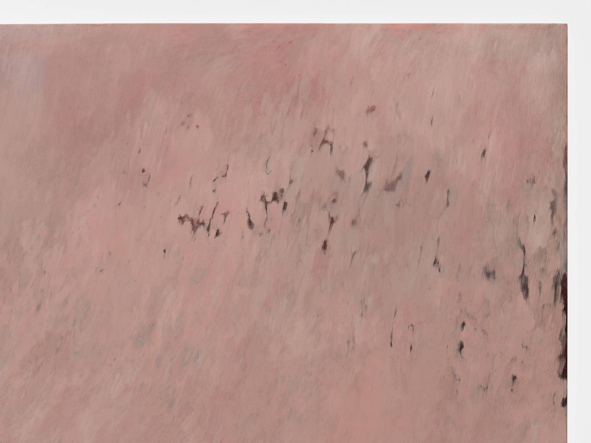 Detail of a large square abstract painting with a brushy black and red underpainting with mauve accents.