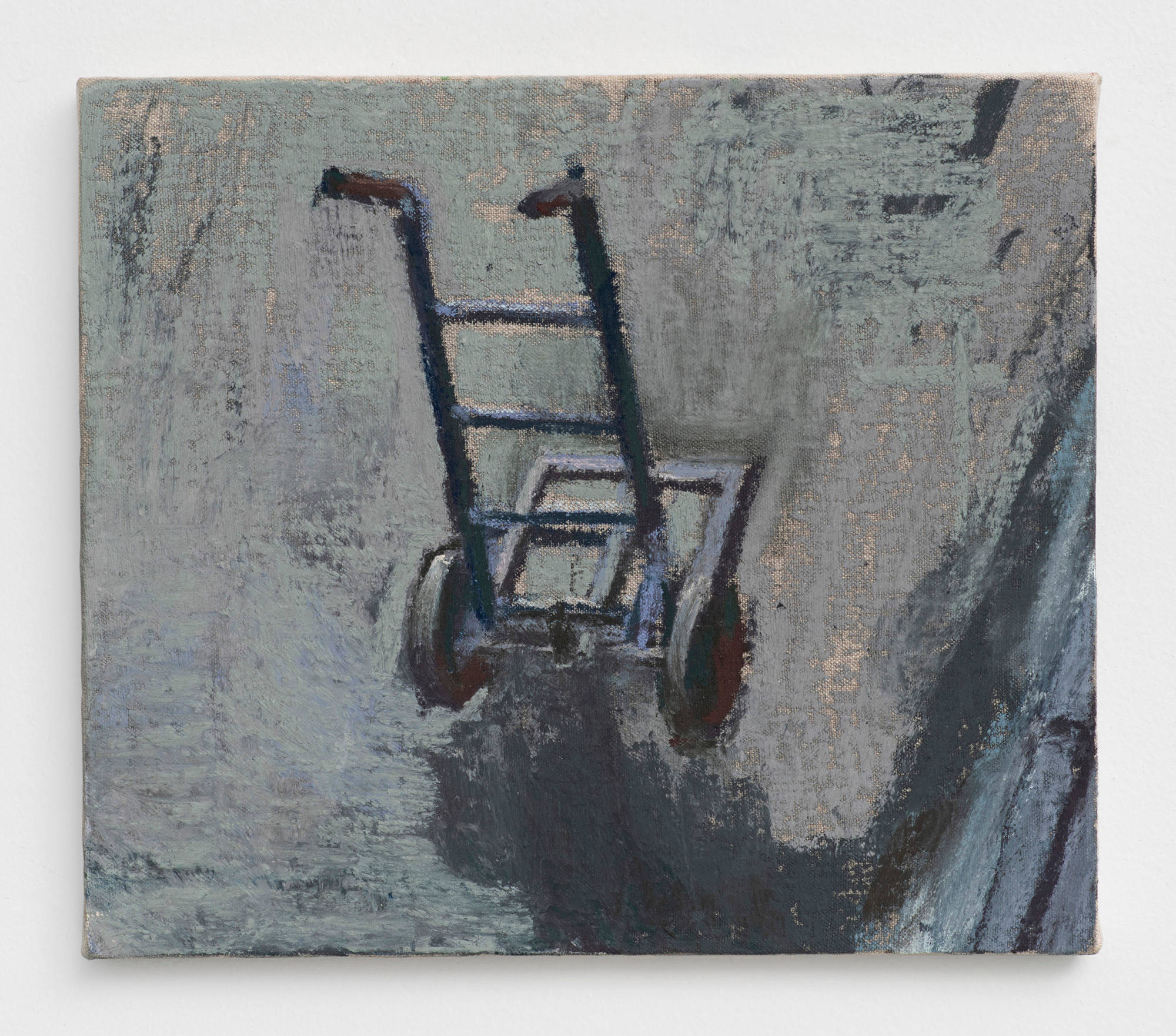 A painting utilizing soft pastel on linen depicts a dolly standing upright. Viewed from above, it is the only object in frame against a blue and grey background.