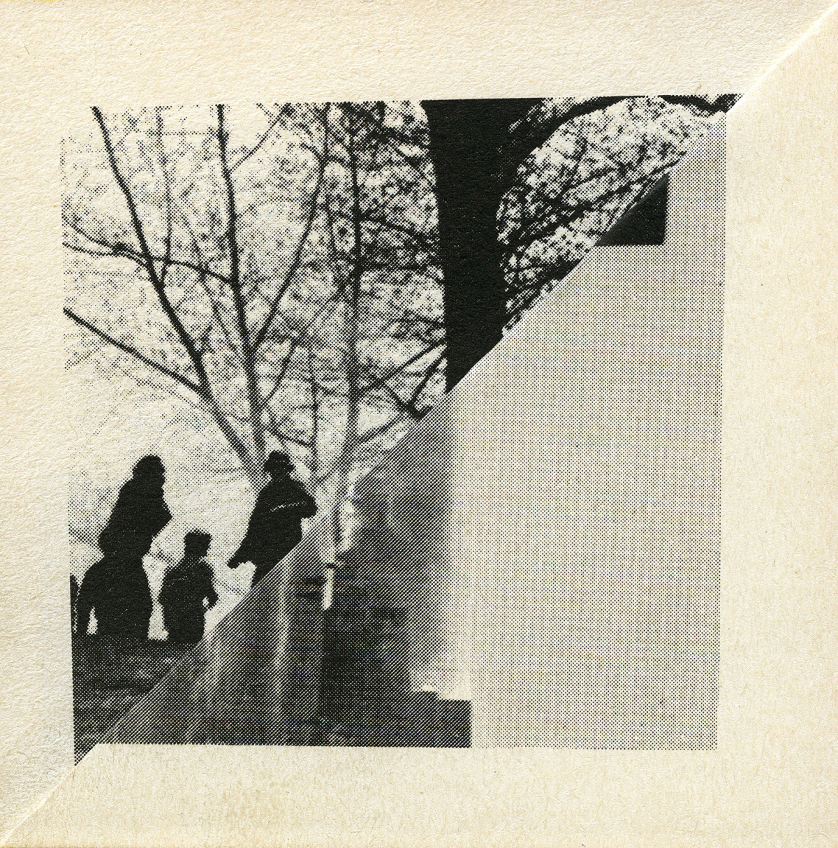 Image of the folded corner of the yellowed page of a book with a a central black and white square of imagery made of two triangles, which is the result of the folding of the page, the imagery on the top shows several figures under barren trees, and the bottom is more blurred and abstract, perhaps a smokey landscape.