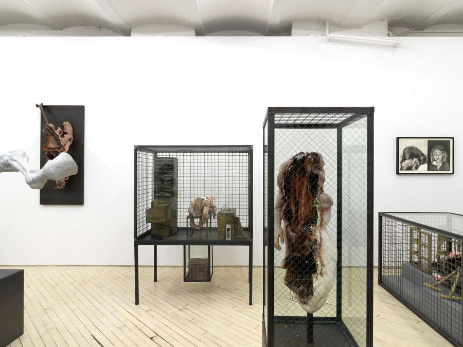 A gallery space filled with many large metal sculptures resembling cages.