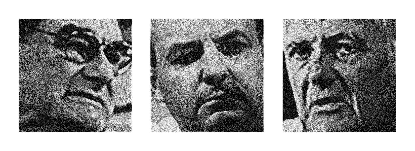 A series of black and white photographs depicting the face of three men.
