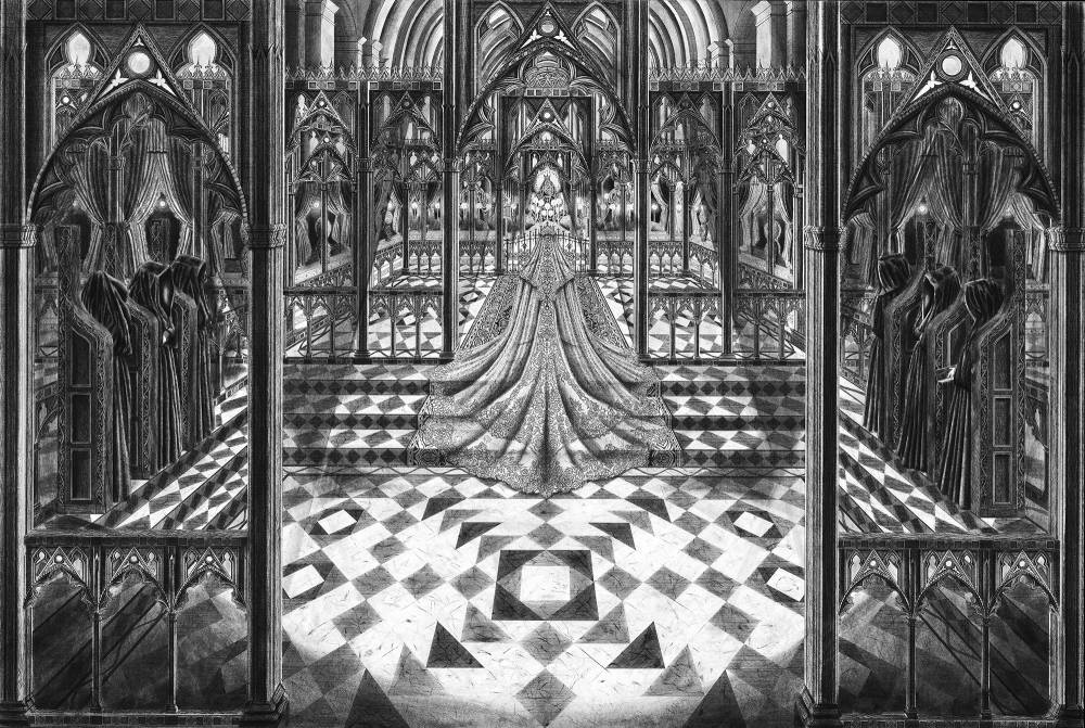 Image of a heavily adorned cloaked figure standing in a gothic entry way rendered in pen and crosshatching. 