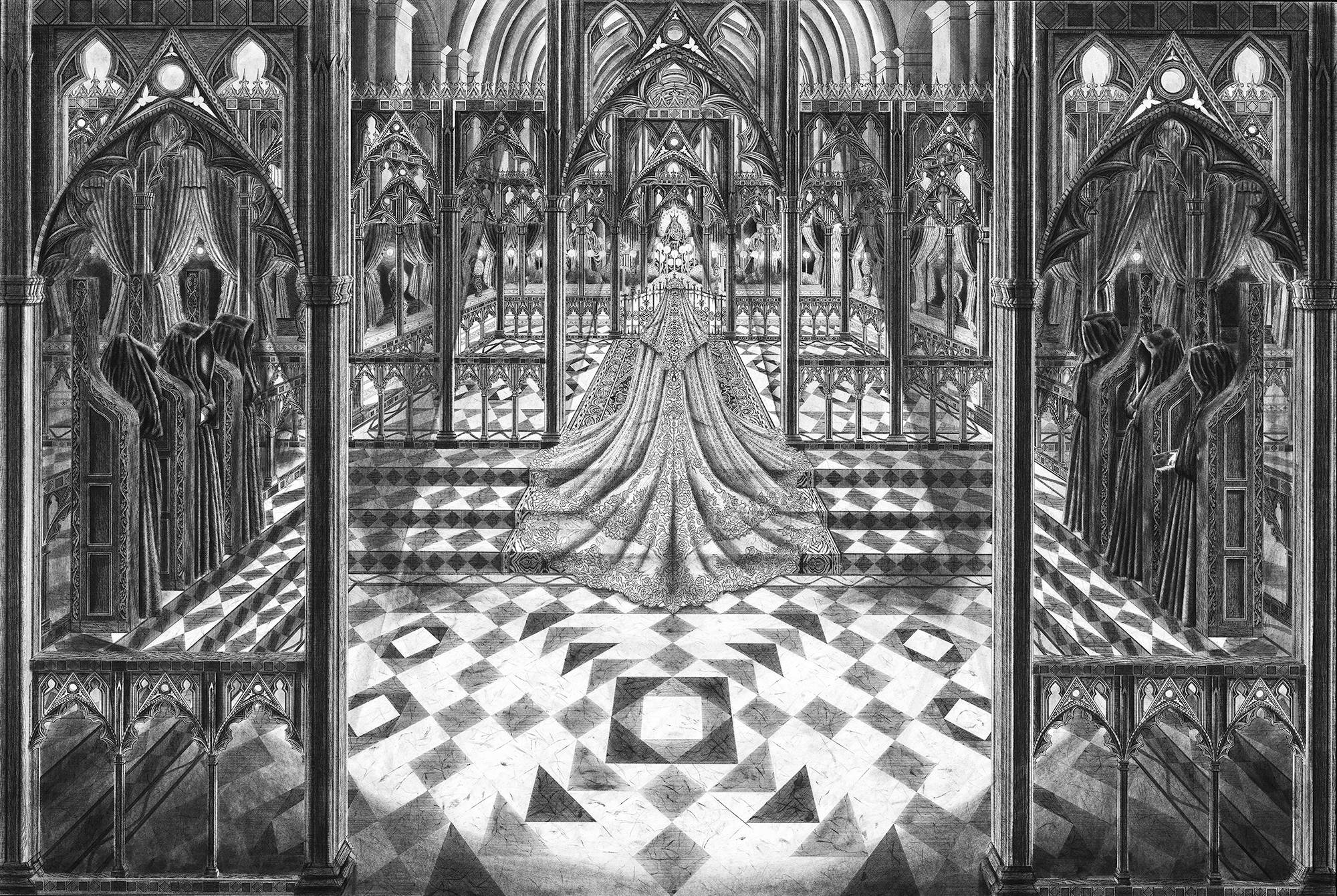 Image of a heavily adorned cloaked figure standing in a gothic entry way rendered in pen and crosshatching.