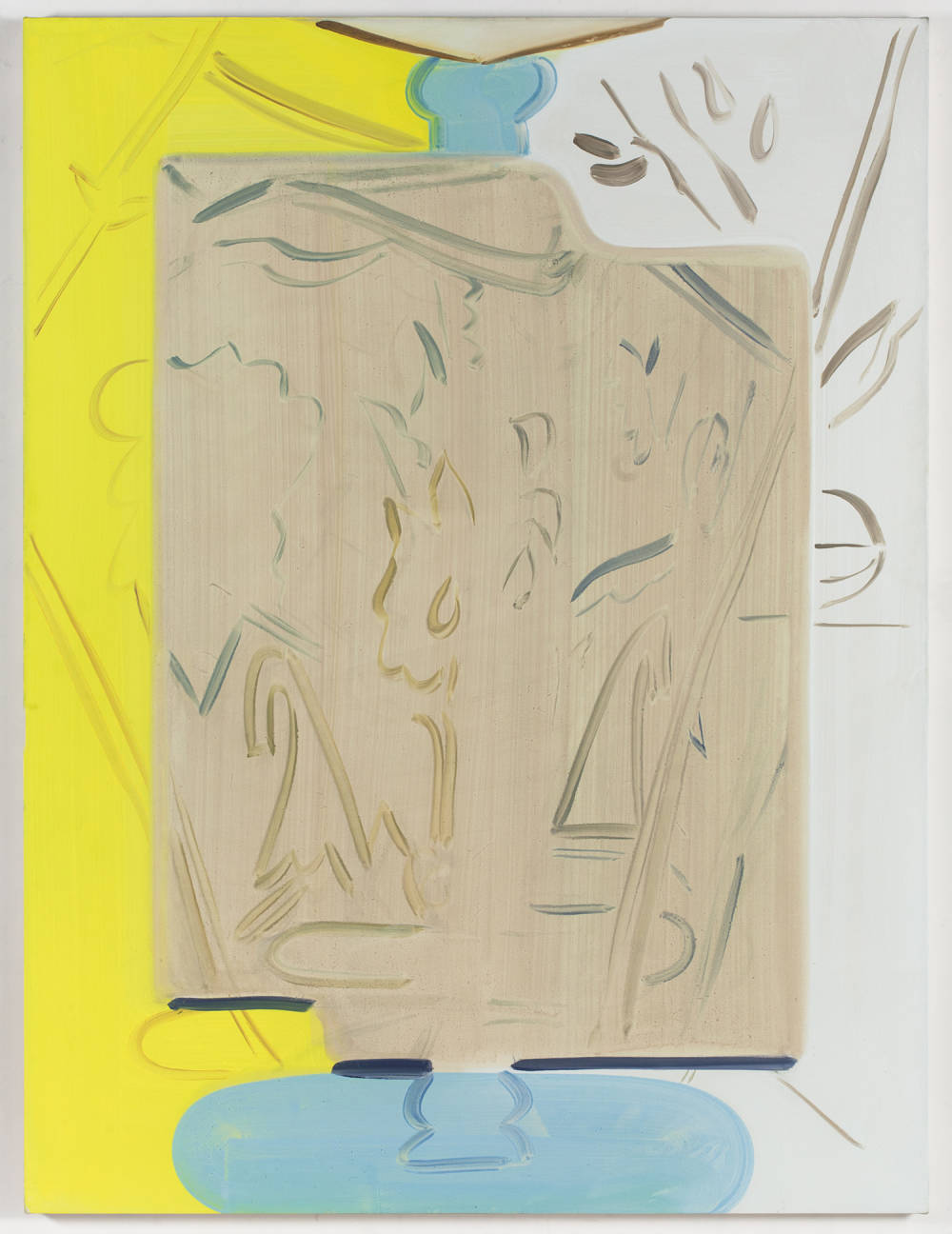A large abstract painting. There is a bar of yellow to the left, a pale blue area at the top and bottom of the painting at center. To the right is a white section. gestural brush marks are consistent throughout. 