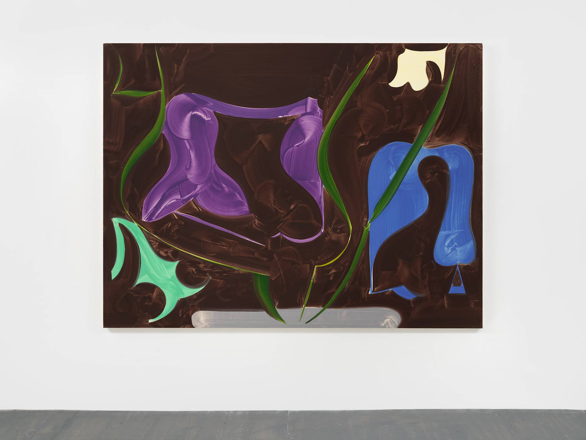 An abstract painting of large, curved shapes with visible brush strokes in blue, green, teal, purple, grey, and white against a dark brown background, hangs on a white wall above a grey floor.