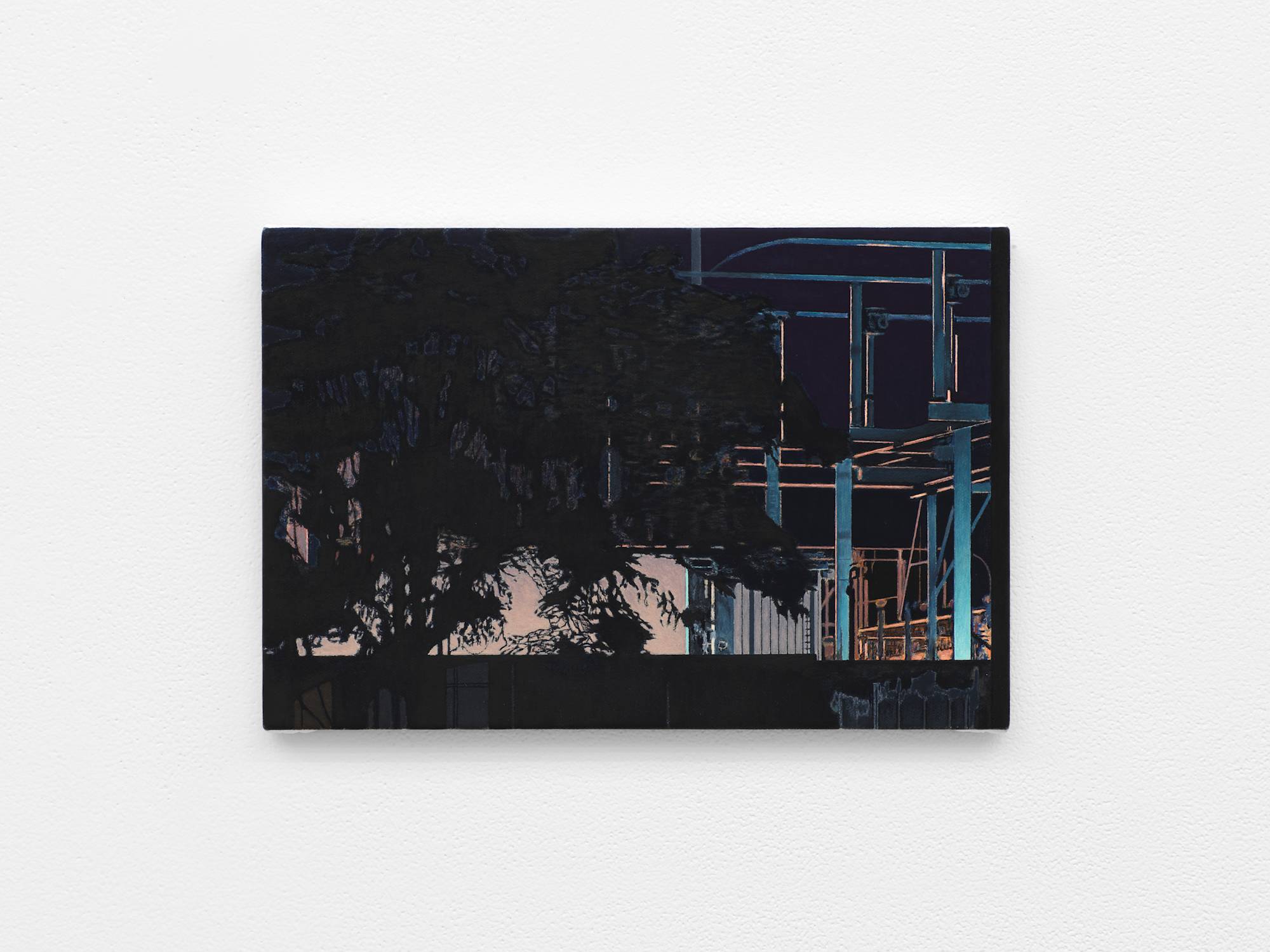 Image of a painting by Caleb Considine that depicts a power station at night, with a tree in silhouette in front of the station.