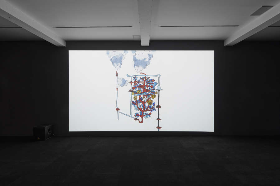 A film is projected in a dark room, the screen entirely white with a ink drawing of a smoking machine object in the center of the screen.