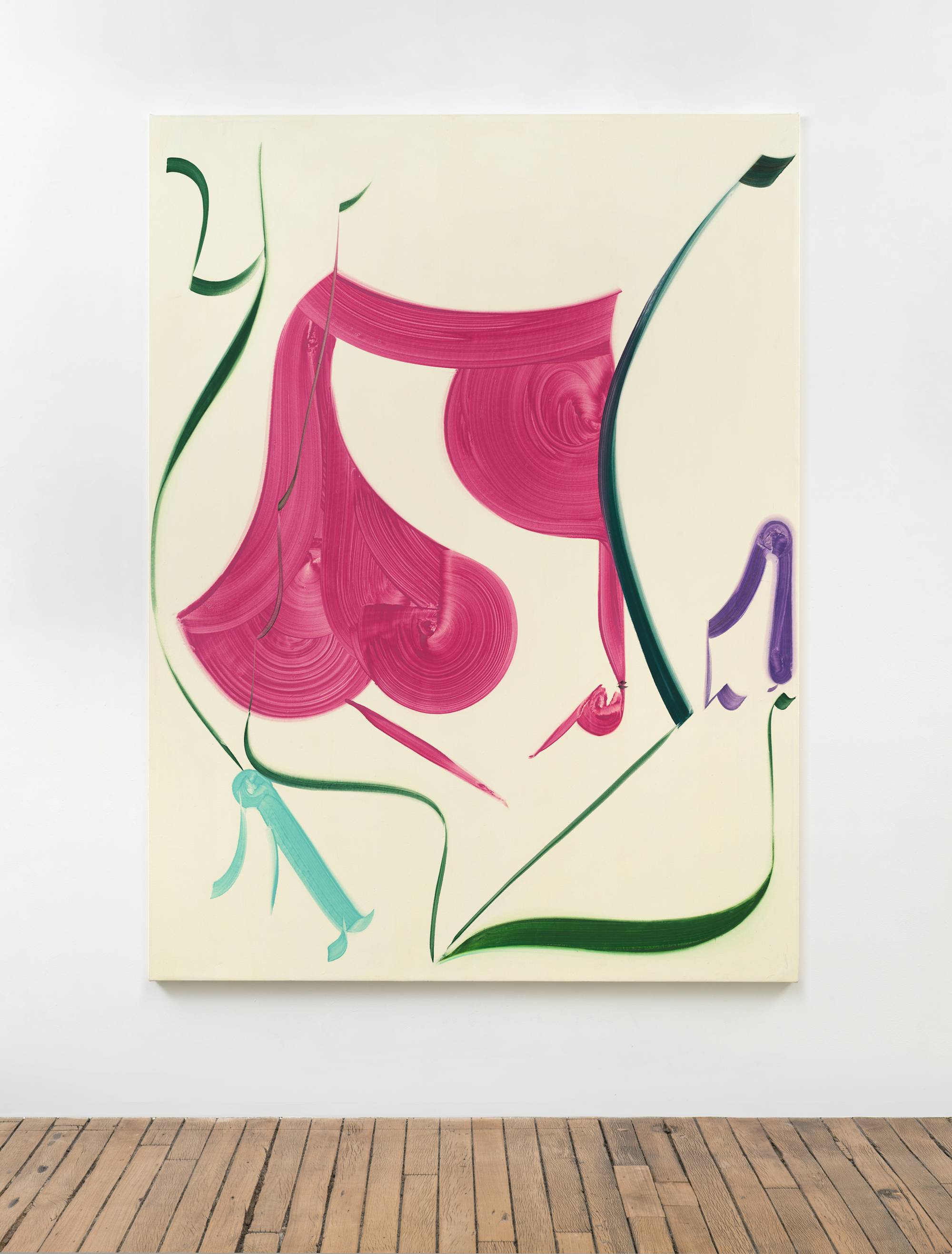 An abstract painting of large, curved shapes with visible brush strokes in green, aqua, purple, and pink against a cream background, hangs on a white wall above a wood floor.