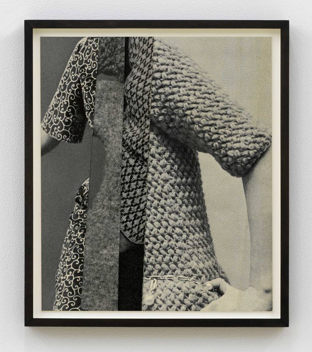A gray scale photograph depicting a collaged image of women's clothing advertisements in a black frame
