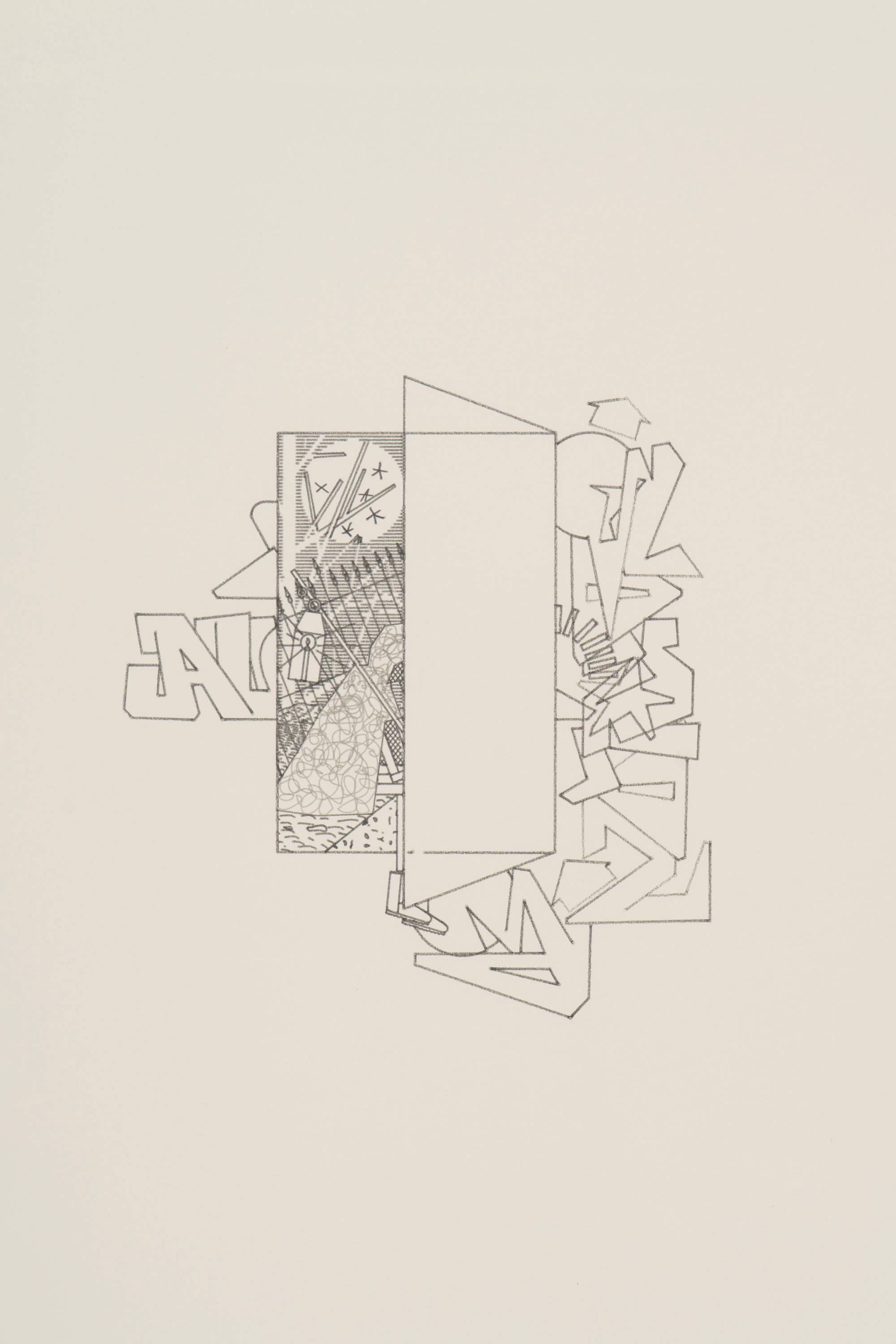 Detail of a graphite drawing depicting a figure with a lantern on a stick sitting in a graveyard, surrounded by graffiti-style text reading "ALONE".