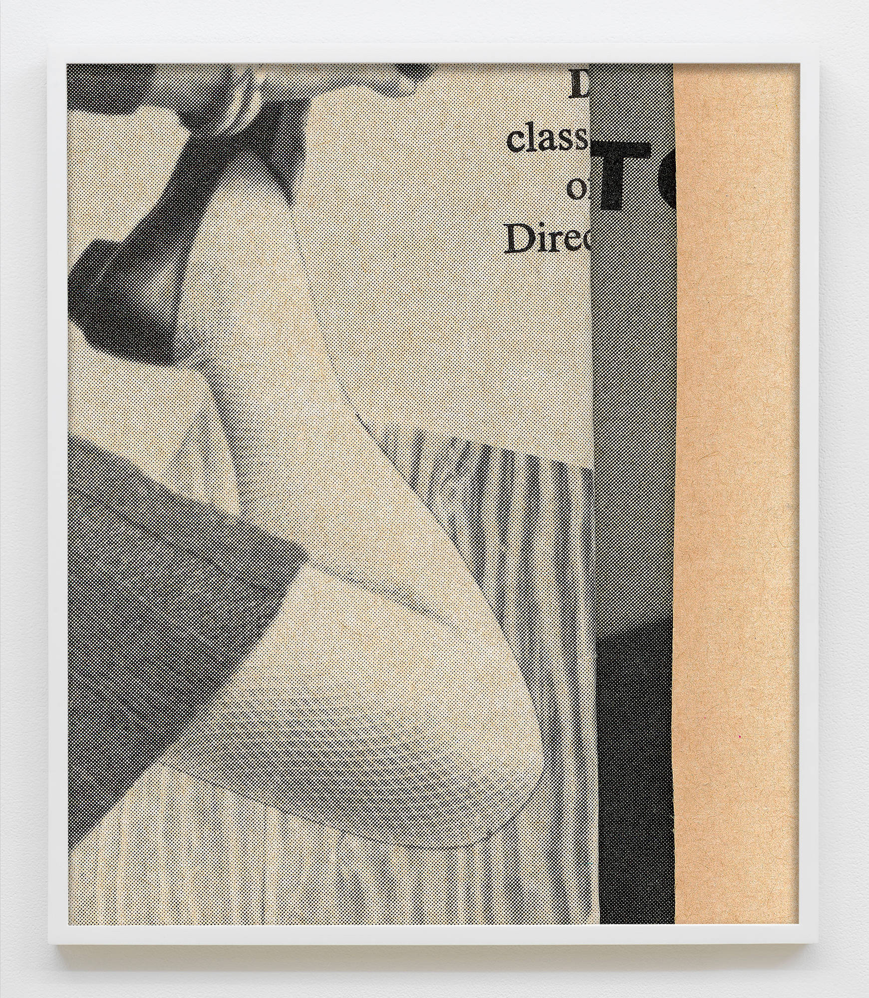 Image of a photograph by Erica Baum showing a leg in stockings and a flat shoe