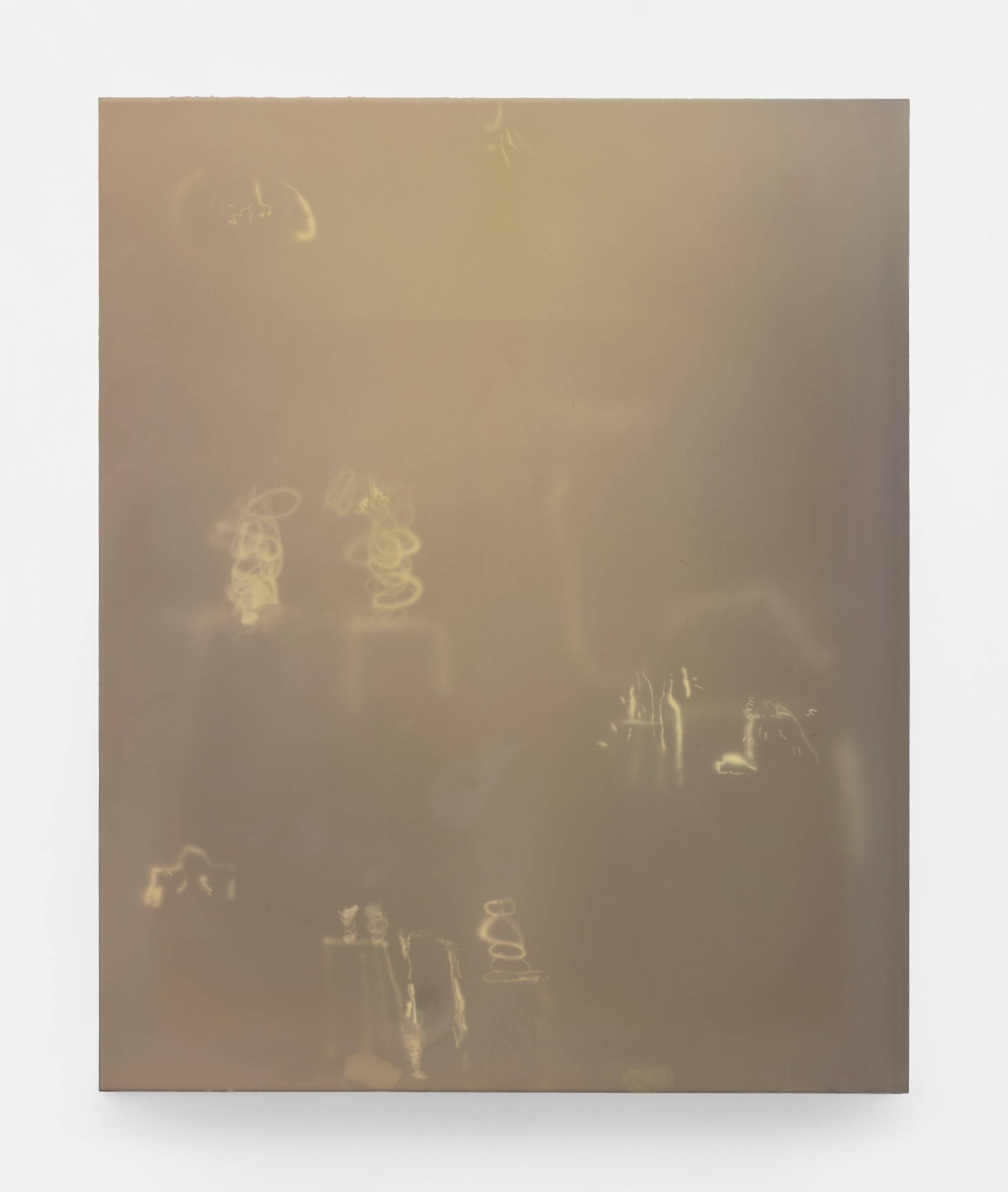 A vertical abstract painting rendered primarily in beige tones depicting a series of airbrush painted marks.